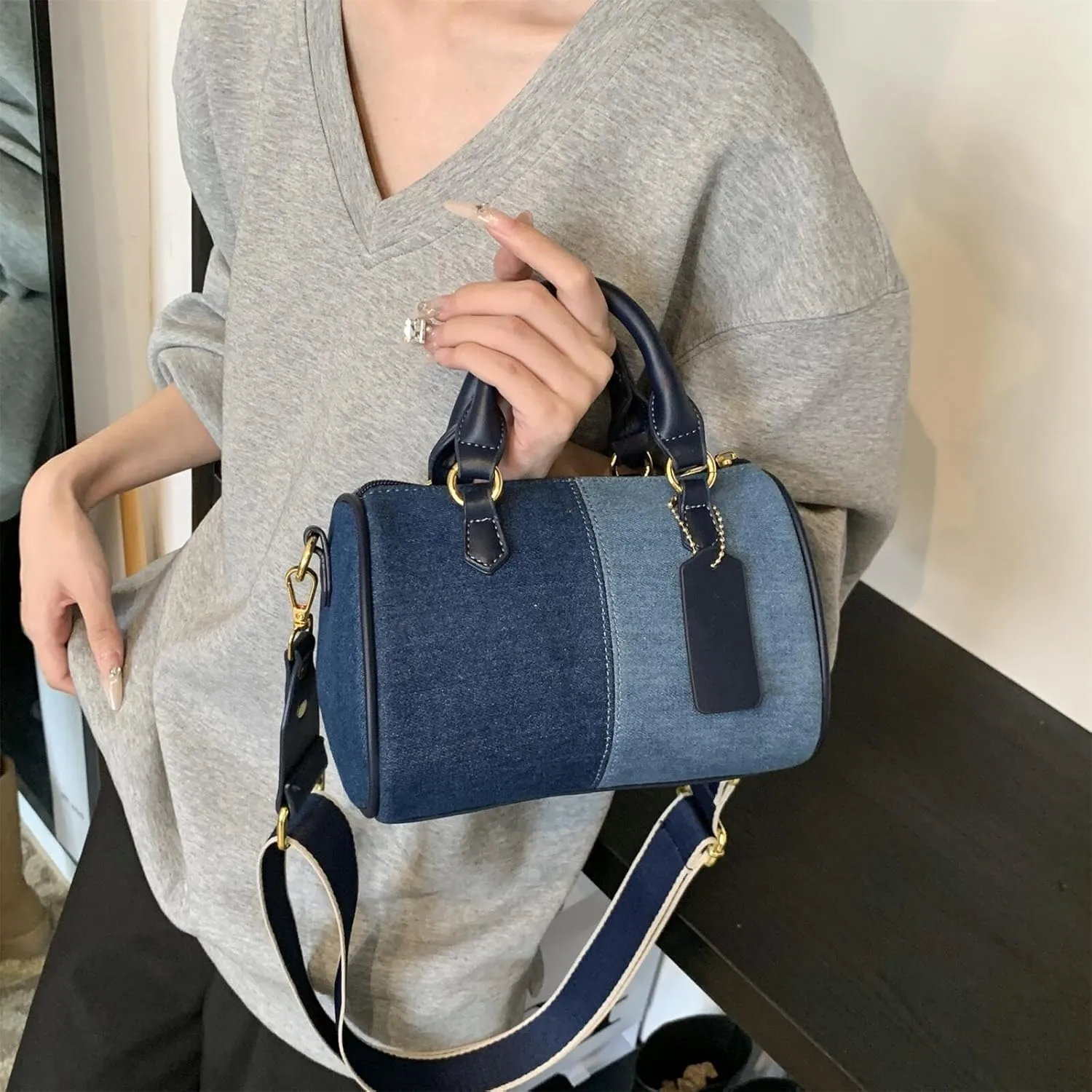 Barrel-shaped Denim Handbag and Purse Women Small Tote Shoulder Crossbody Bag with Guitar Adjustable Shoulder Strap