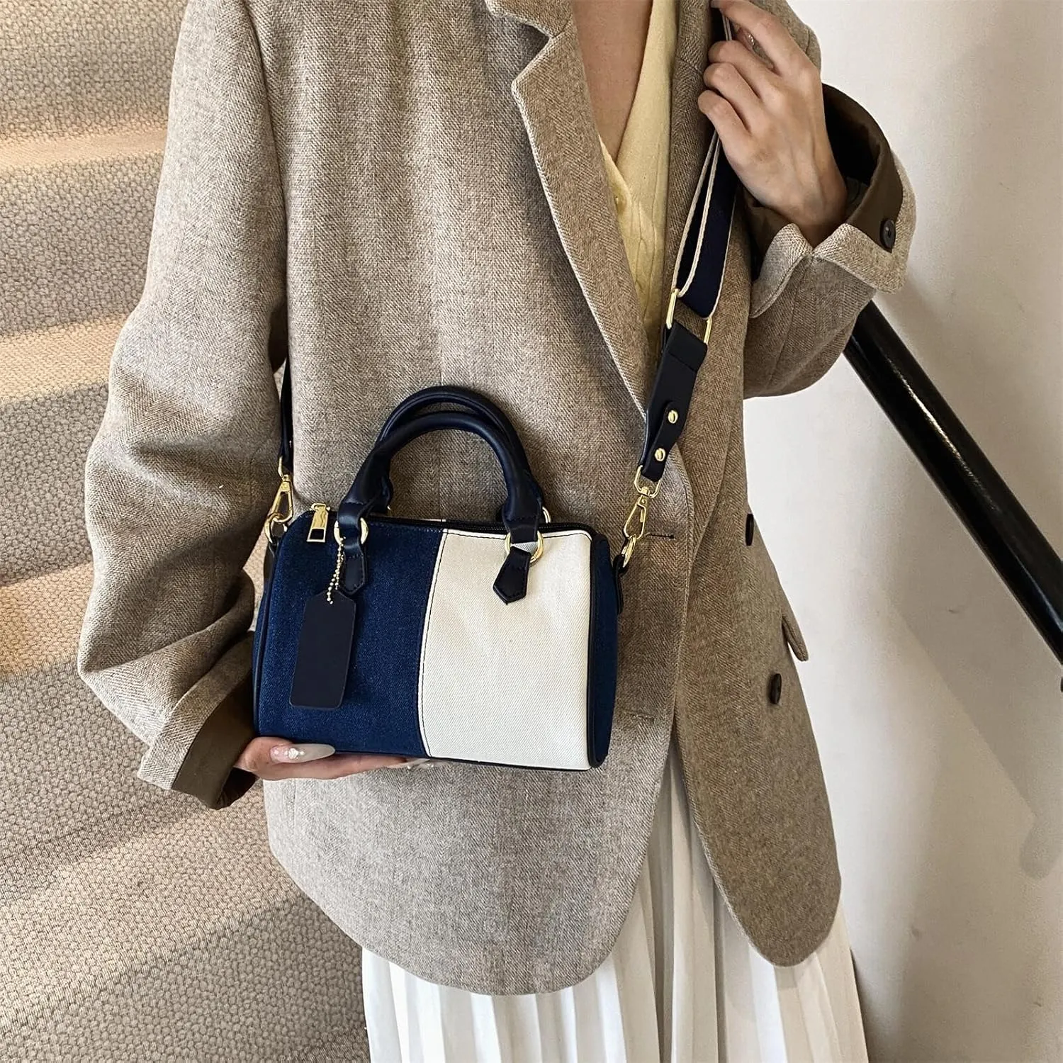 Barrel-shaped Denim Handbag and Purse Women Small Tote Shoulder Crossbody Bag with Guitar Adjustable Shoulder Strap