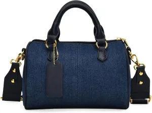 Barrel-shaped Denim Handbag and Purse Women Small Tote Shoulder Crossbody Bag with Guitar Adjustable Shoulder Strap