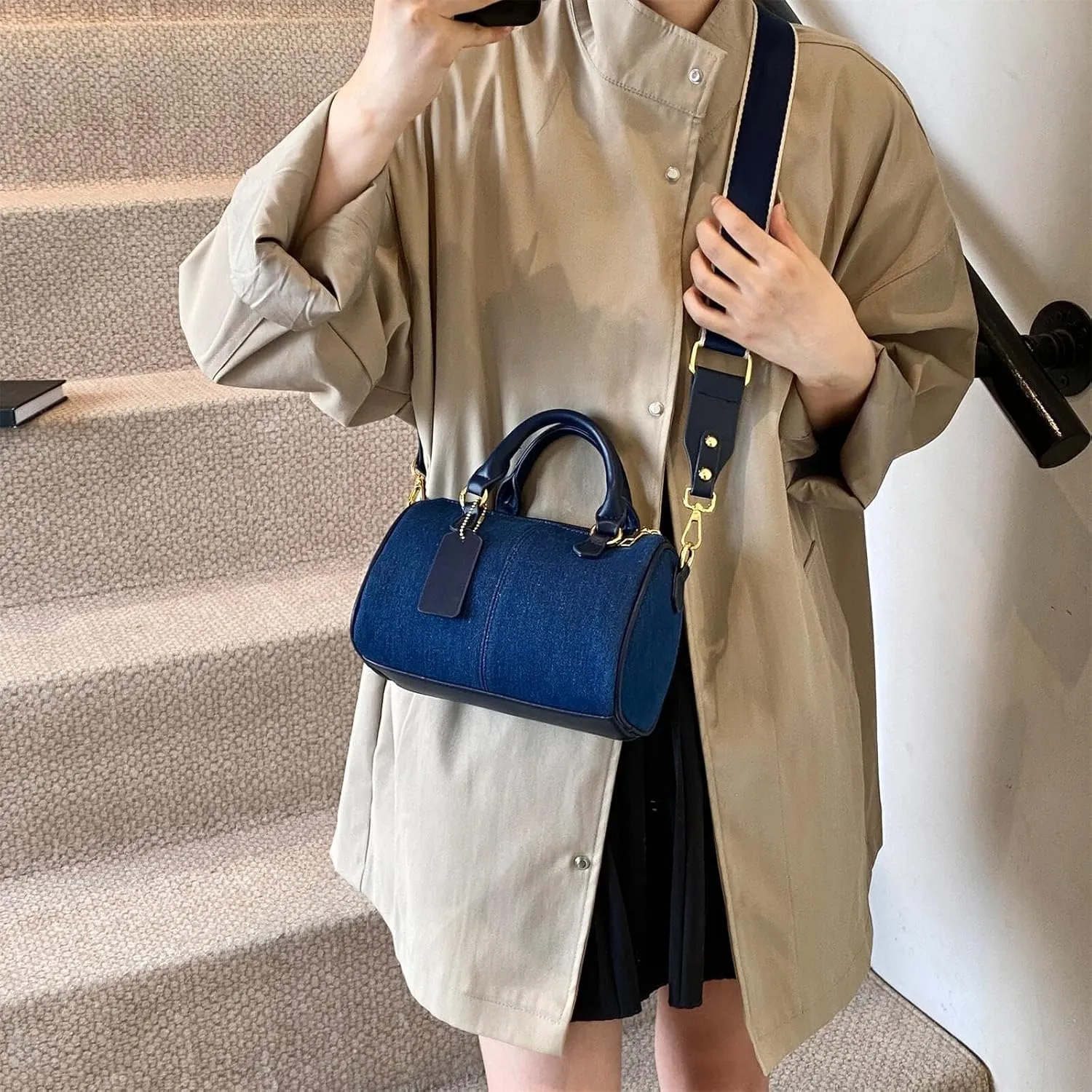 Barrel-shaped Denim Handbag and Purse Women Small Tote Shoulder Crossbody Bag with Guitar Adjustable Shoulder Strap