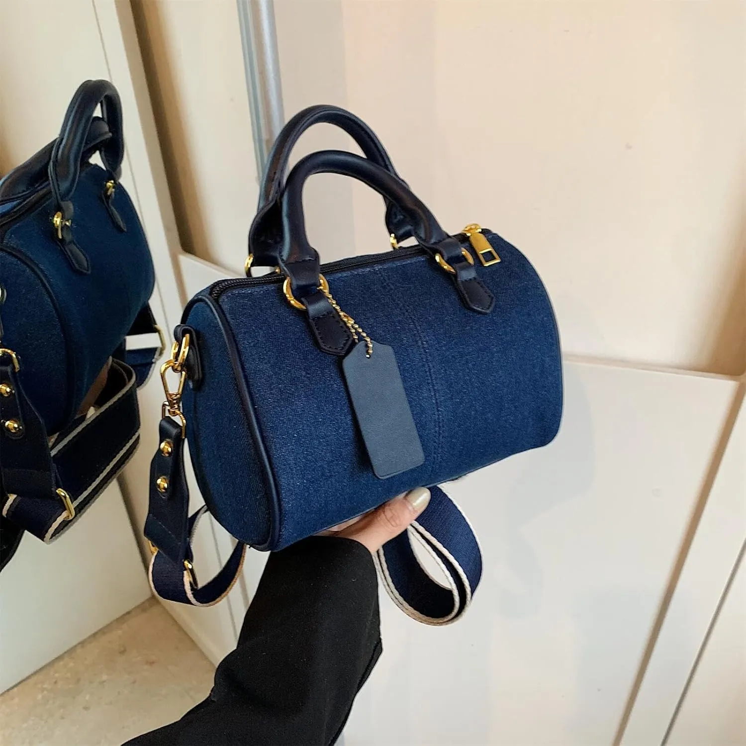 Barrel-shaped Denim Handbag and Purse Women Small Tote Shoulder Crossbody Bag with Guitar Adjustable Shoulder Strap