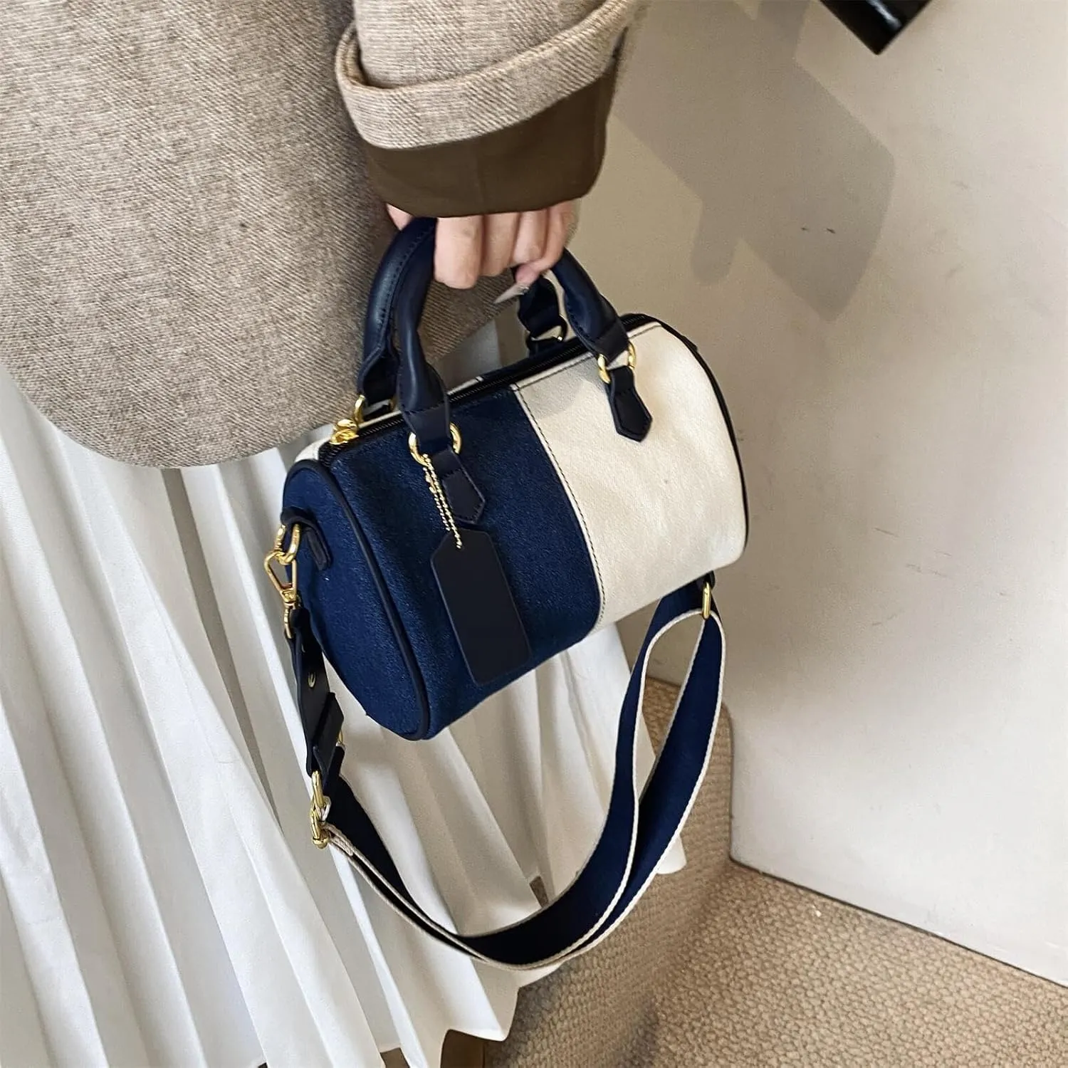 Barrel-shaped Denim Handbag and Purse Women Small Tote Shoulder Crossbody Bag with Guitar Adjustable Shoulder Strap