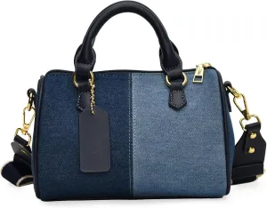 Barrel-shaped Denim Handbag and Purse Women Small Tote Shoulder Crossbody Bag with Guitar Adjustable Shoulder Strap