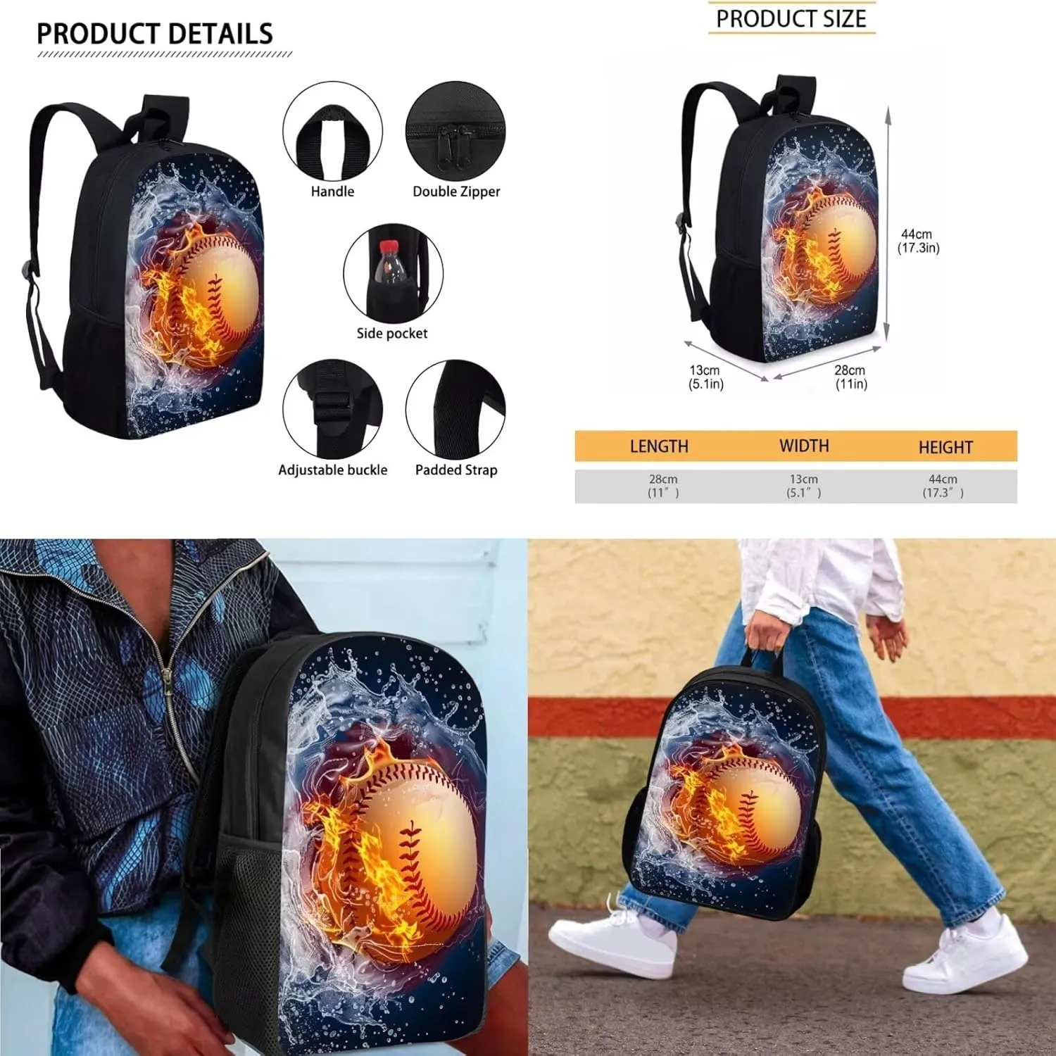 Baseball 3Pcs School Bag with Lunch Bag Pencil Case Kids Backpacks Boys Picnic Bag Lunch Box Kids Pencil Bag for Girls Water Resistant Girls Lunch Bags for School Insulated