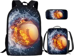 Baseball 3Pcs School Bag with Lunch Bag Pencil Case Kids Backpacks Boys Picnic Bag Lunch Box Kids Pencil Bag for Girls Water Resistant Girls Lunch Bags for School Insulated