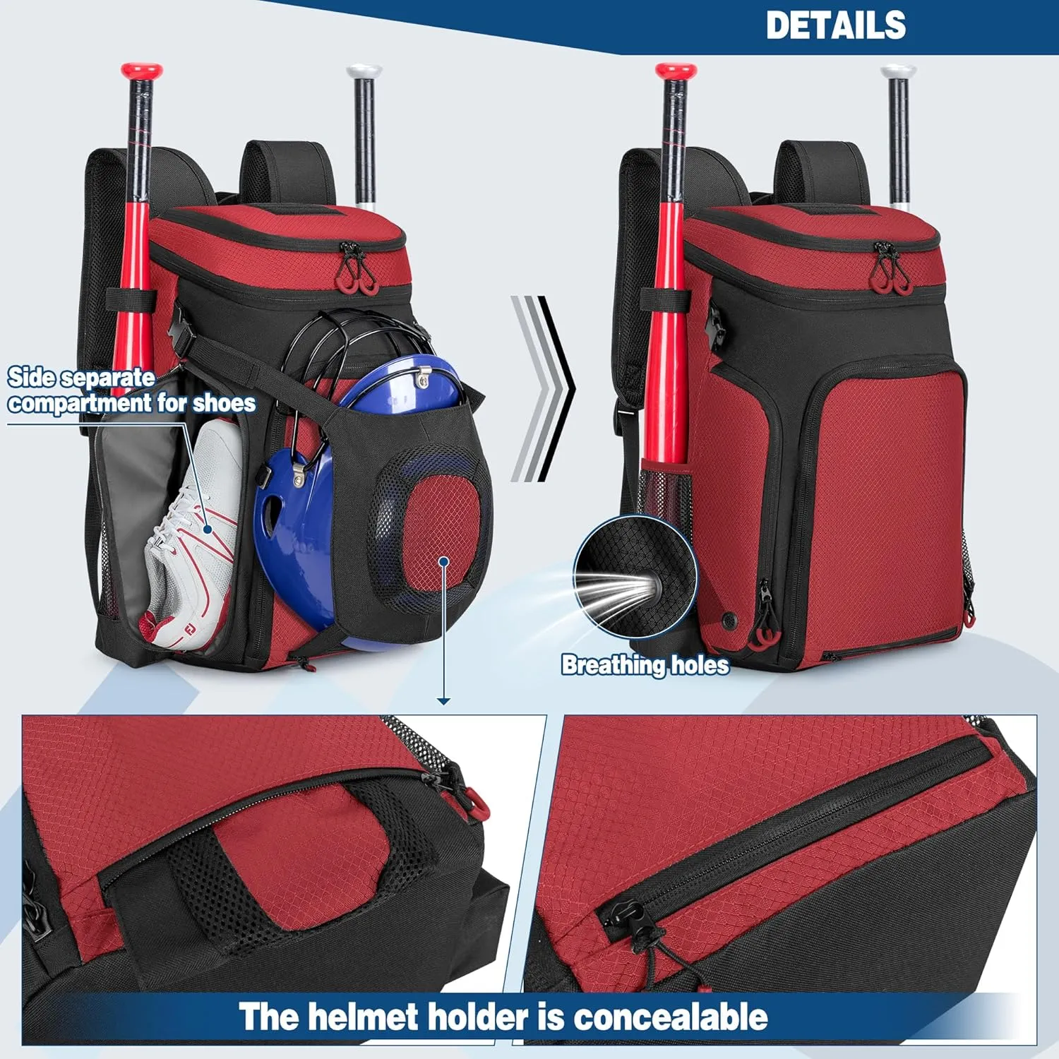 Baseball Bag for Adult and Youth, Baseball Backpack Softball Bag with Helmet Holder, Shoe Compartment and Fence Hook