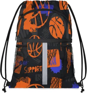 Basketball Drawstring Backpack,Waterproof Sports Gym Bag with Shoes Compartment and Bottle Holder,Travel Tote Bags for Beach,Swimming,Yoga Gifts