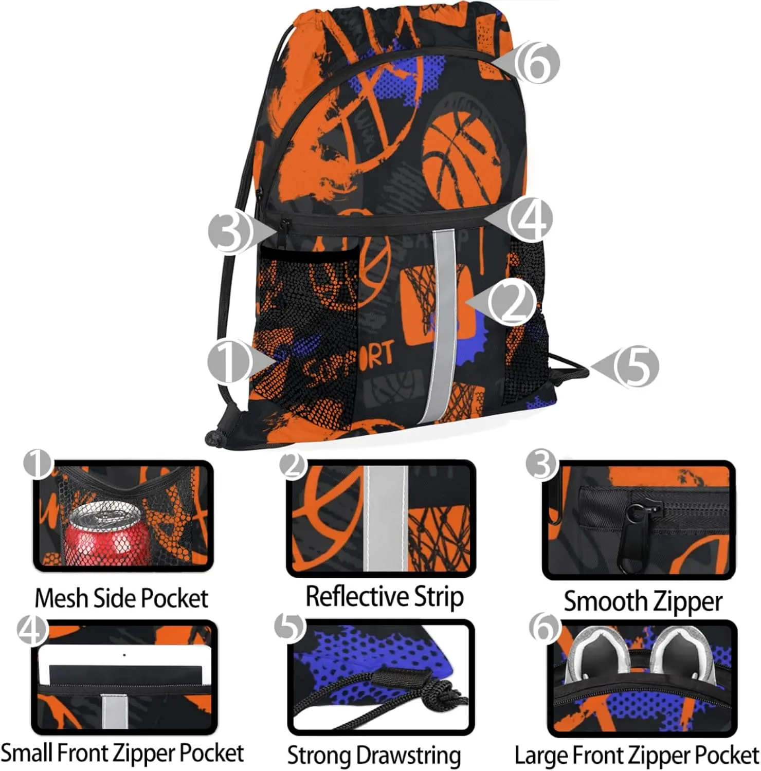 Basketball Drawstring Backpack,Waterproof Sports Gym Bag with Shoes Compartment and Bottle Holder,Travel Tote Bags for Beach,Swimming,Yoga Gifts