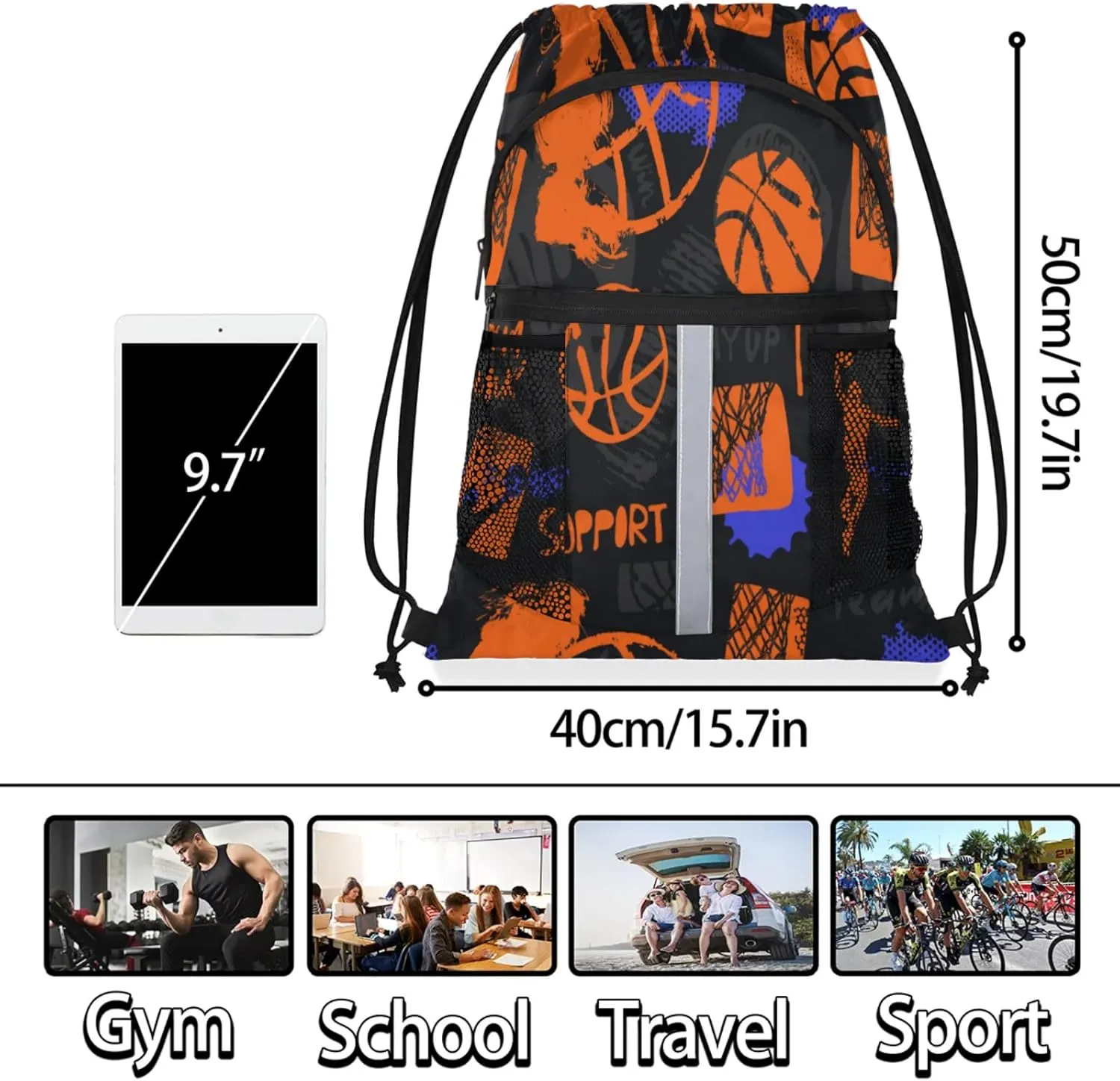 Basketball Drawstring Backpack,Waterproof Sports Gym Bag with Shoes Compartment and Bottle Holder,Travel Tote Bags for Beach,Swimming,Yoga Gifts