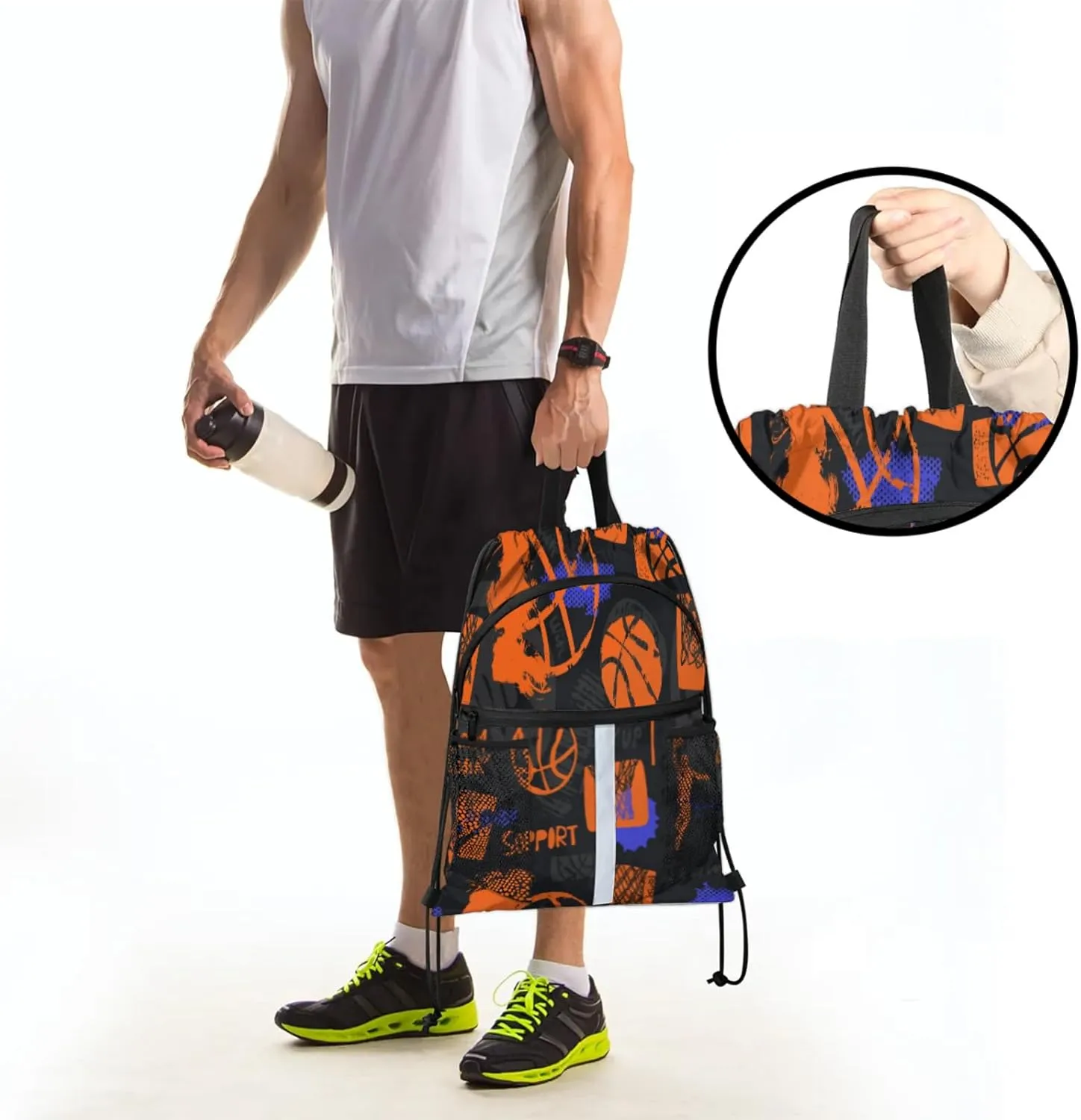Basketball Drawstring Backpack,Waterproof Sports Gym Bag with Shoes Compartment and Bottle Holder,Travel Tote Bags for Beach,Swimming,Yoga Gifts