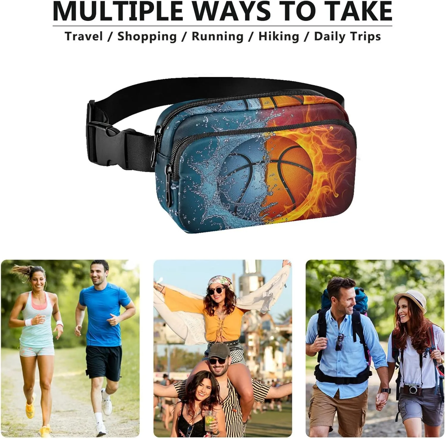 Basketball Split Water Fire Womens Fanny Pack Waterproof Hip Pack Belt Pouch Trendy Waist Purse for Women