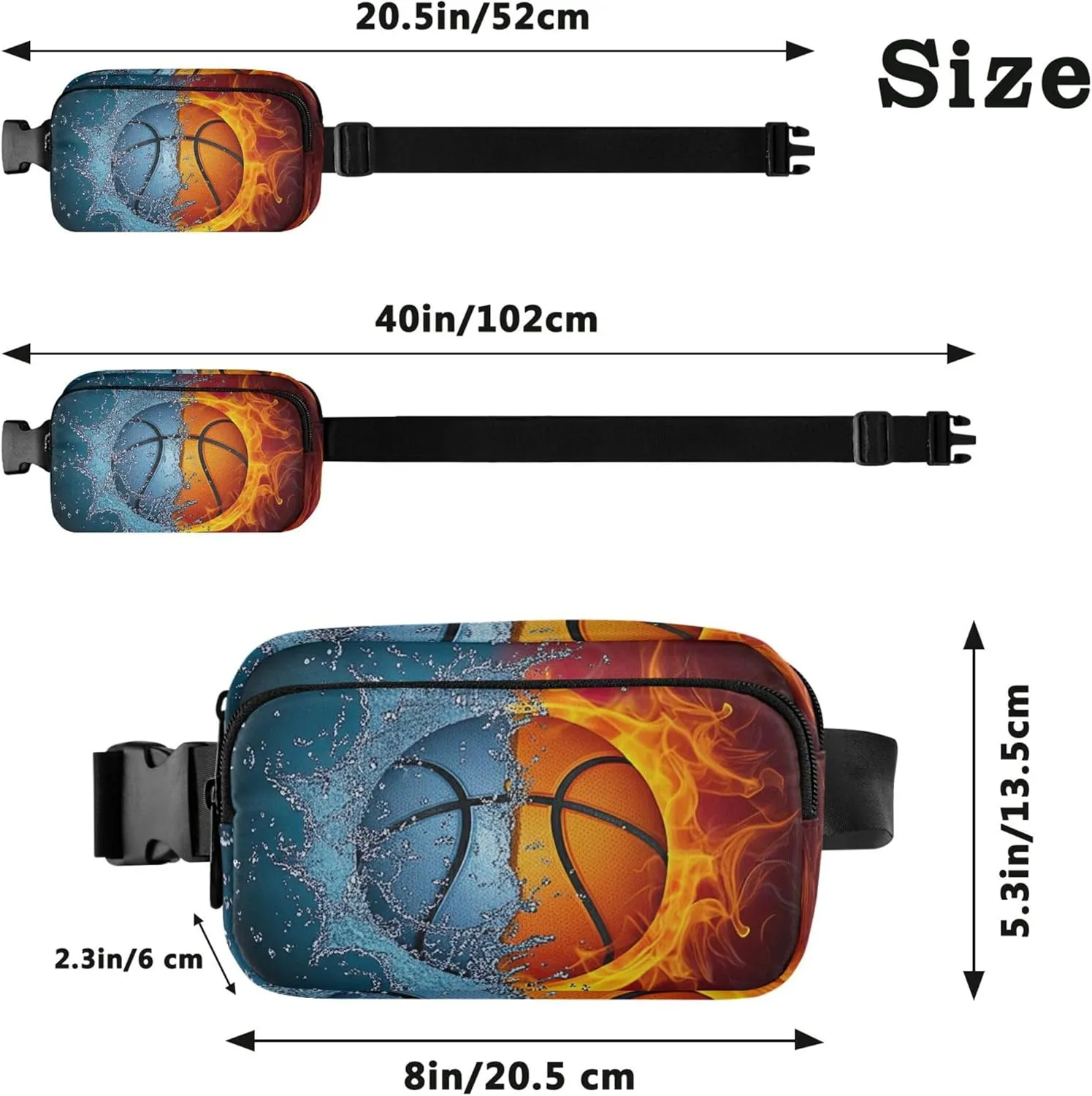 Basketball Split Water Fire Womens Fanny Pack Waterproof Hip Pack Belt Pouch Trendy Waist Purse for Women