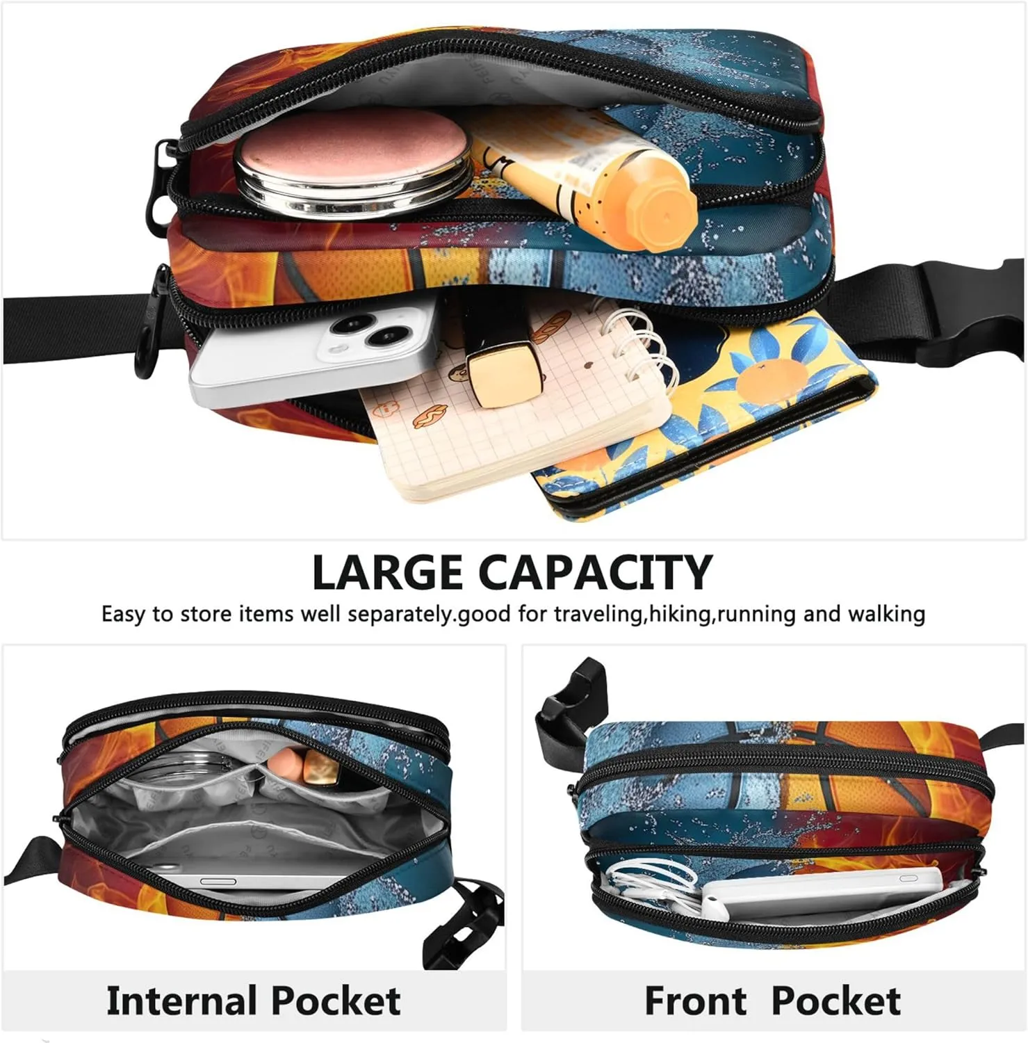 Basketball Split Water Fire Womens Fanny Pack Waterproof Hip Pack Belt Pouch Trendy Waist Purse for Women