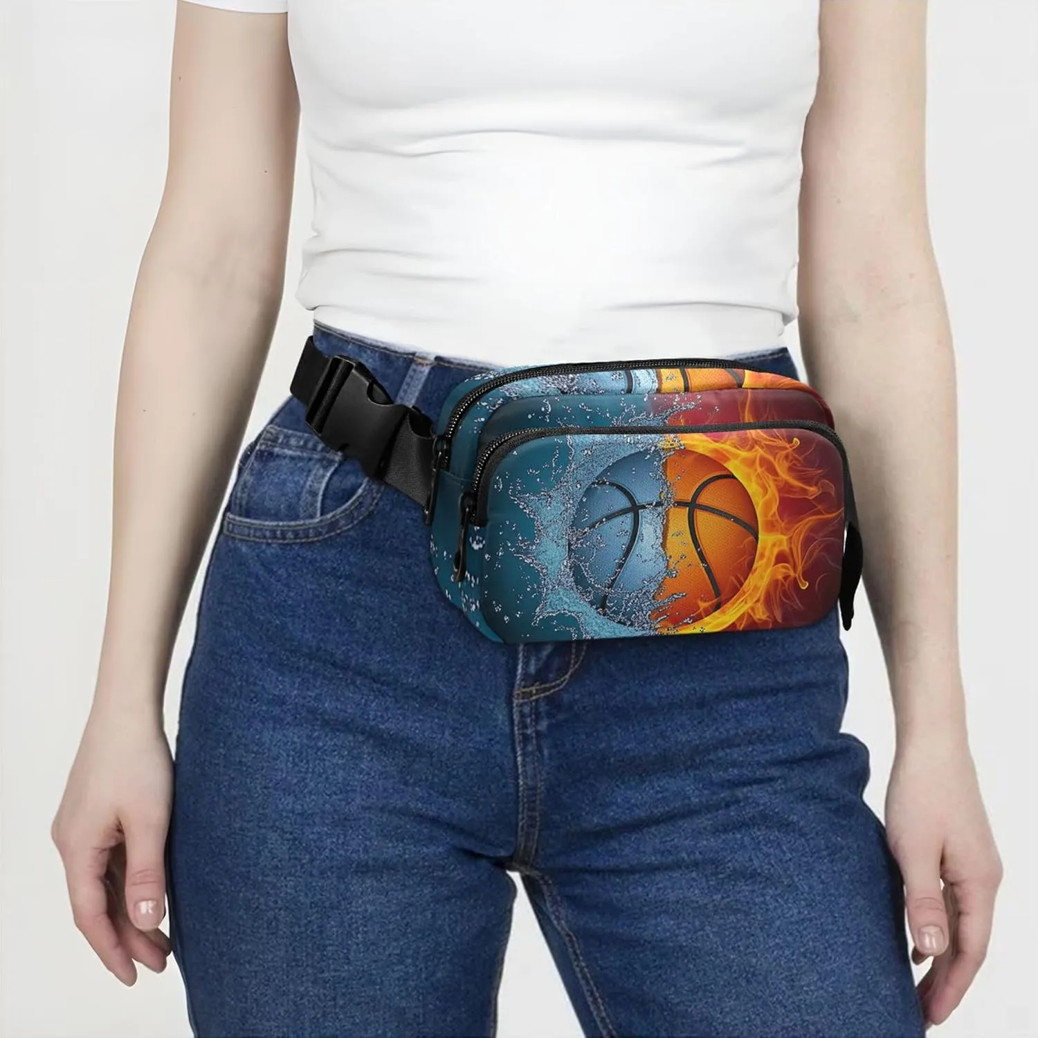 Basketball Split Water Fire Womens Fanny Pack Waterproof Hip Pack Belt Pouch Trendy Waist Purse for Women