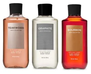 Bath and Body Works 3 Pack 2-in-1 Hair   Body Wash Teakwood, Graphite and Bourbon. 10 Oz.