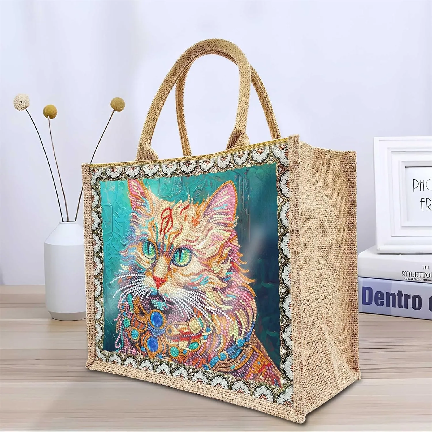 BAYUNOE 2Pcs Mandala Handbag Handmade Diamond Art Painting Purses with Canvas Pattern DIY Shoulder Makeup Bag for Women Art Craft Gift-Cat