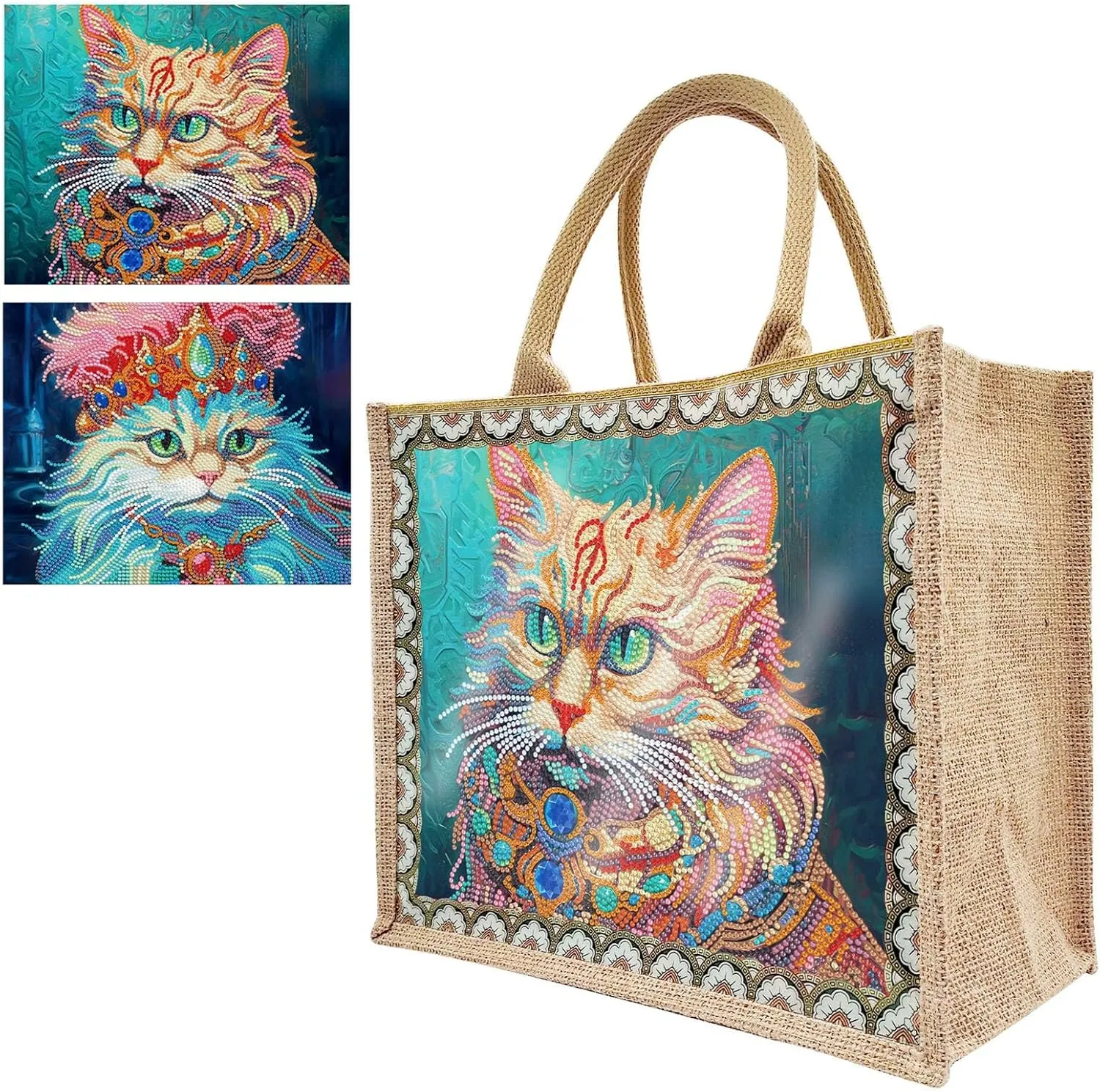 BAYUNOE 2Pcs Mandala Handbag Handmade Diamond Art Painting Purses with Canvas Pattern DIY Shoulder Makeup Bag for Women Art Craft Gift-Cat