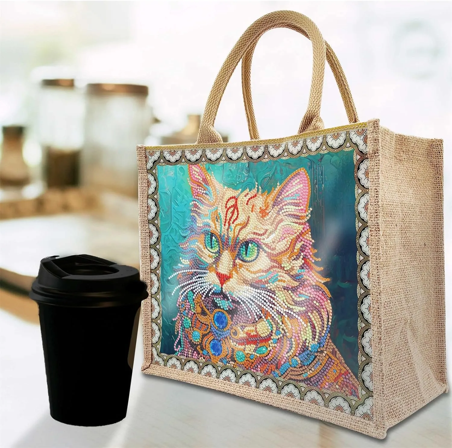 BAYUNOE 2Pcs Mandala Handbag Handmade Diamond Art Painting Purses with Canvas Pattern DIY Shoulder Makeup Bag for Women Art Craft Gift-Cat