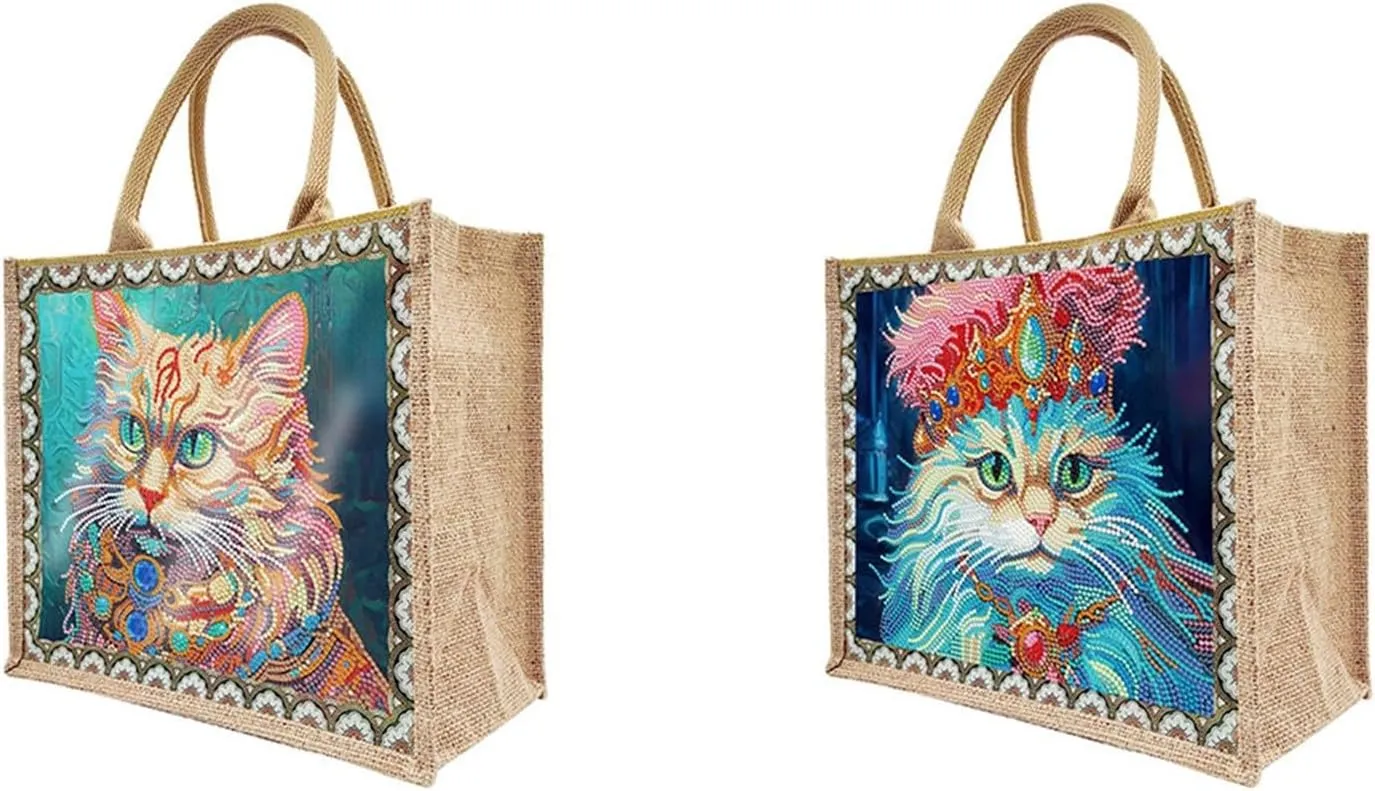 BAYUNOE 2Pcs Mandala Handbag Handmade Diamond Art Painting Purses with Canvas Pattern DIY Shoulder Makeup Bag for Women Art Craft Gift-Cat