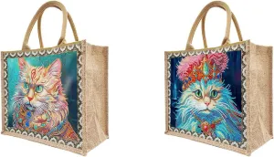 BAYUNOE 2Pcs Mandala Handbag Handmade Diamond Art Painting Purses with Canvas Pattern DIY Shoulder Makeup Bag for Women Art Craft Gift-Cat