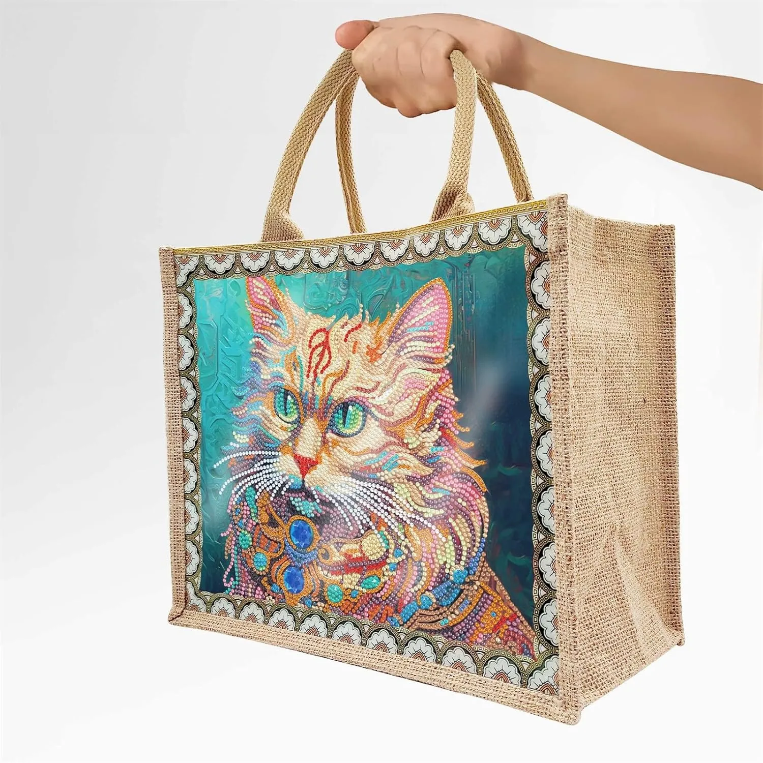 BAYUNOE 2Pcs Mandala Handbag Handmade Diamond Art Painting Purses with Canvas Pattern DIY Shoulder Makeup Bag for Women Art Craft Gift-Cat