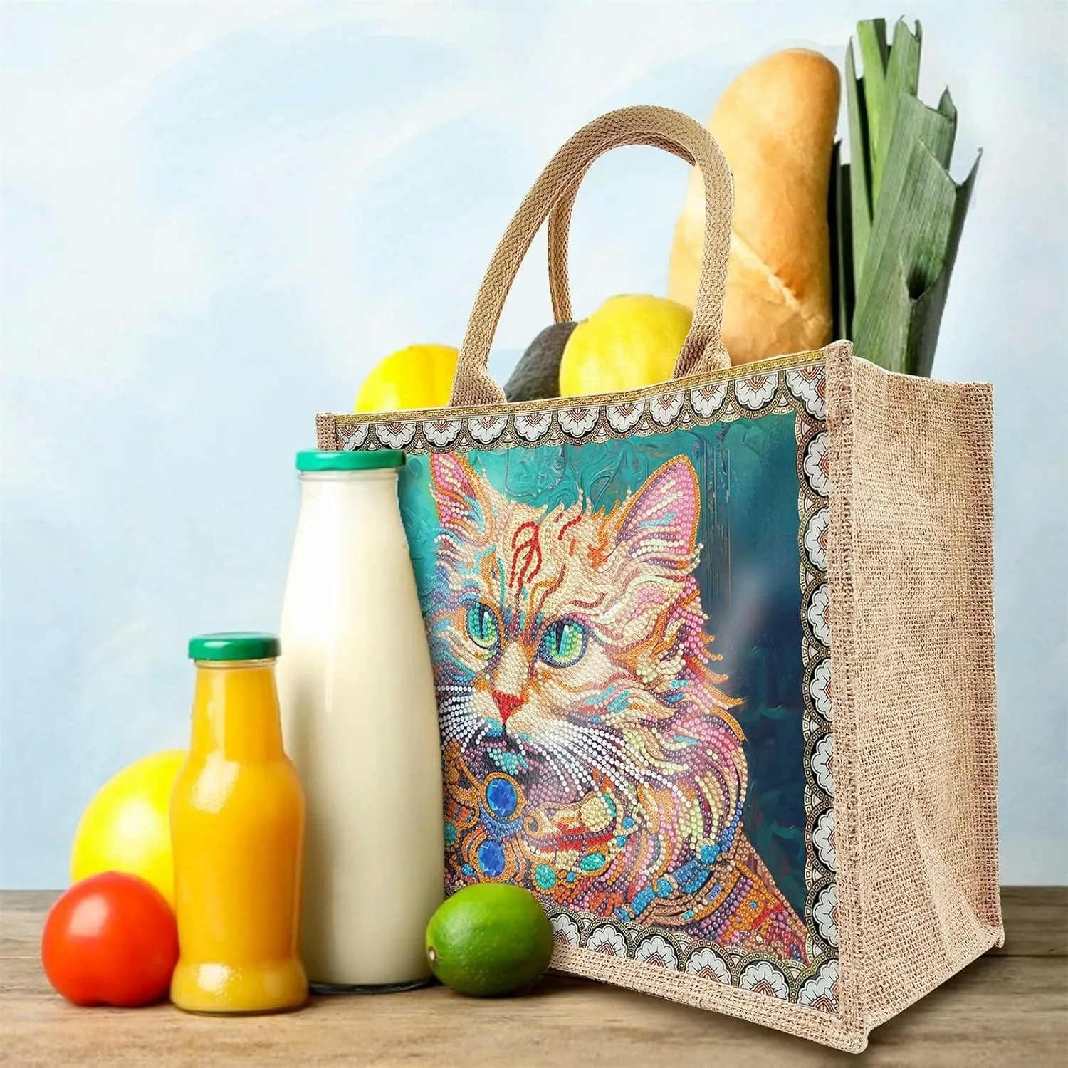 BAYUNOE 2Pcs Mandala Handbag Handmade Diamond Art Painting Purses with Canvas Pattern DIY Shoulder Makeup Bag for Women Art Craft Gift-Cat
