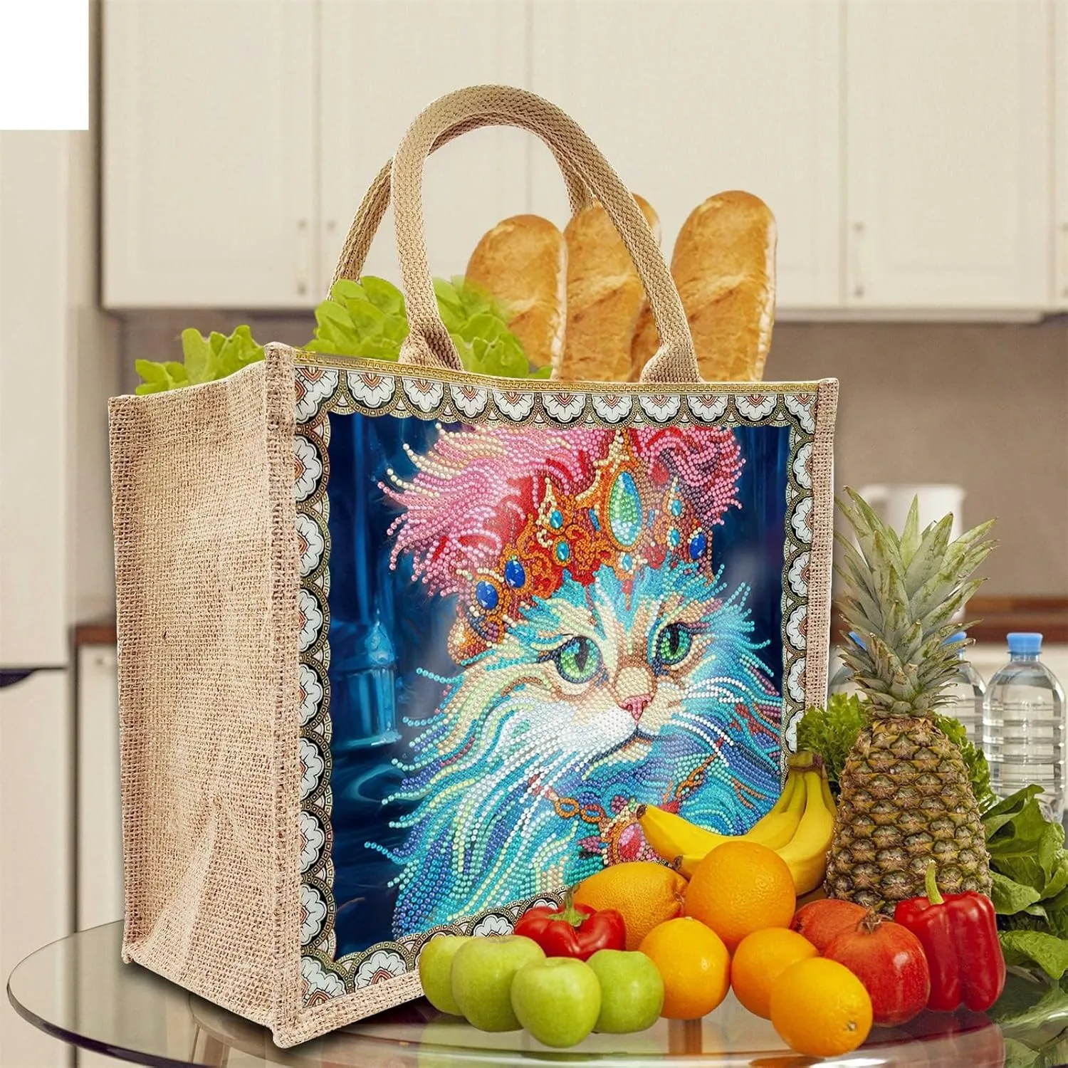 BAYUNOE 2Pcs Mandala Handbag Handmade Diamond Art Painting Purses with Canvas Pattern DIY Shoulder Makeup Bag for Women Art Craft Gift-Cat