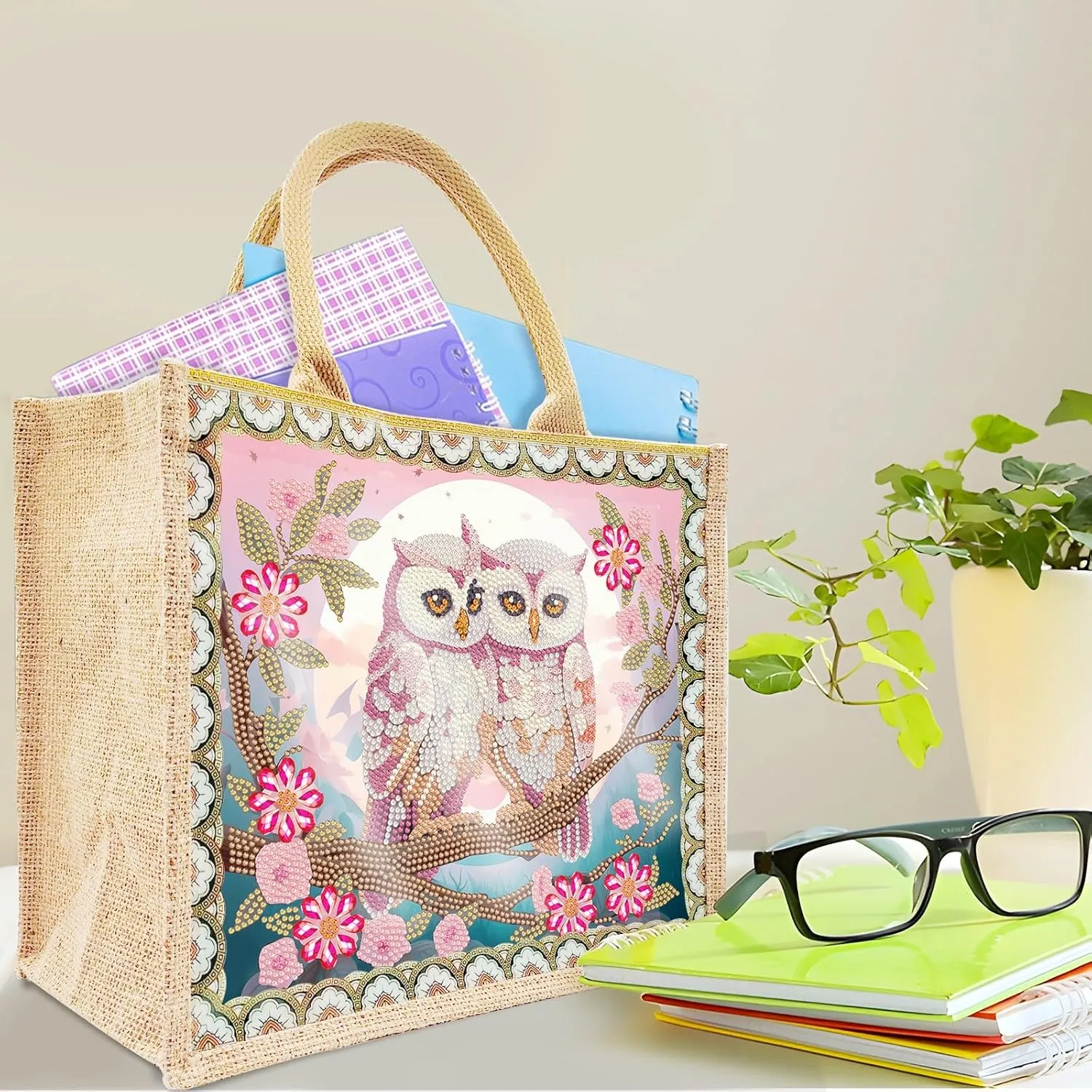 BAYUNOE Mandala Handbag Handmade Diamond Art Painting Purses with 2Pcs Replaceable Canvas Pattern DIY Shoulder Makeup Bag for Women Art Craft Gift-Owl Couple