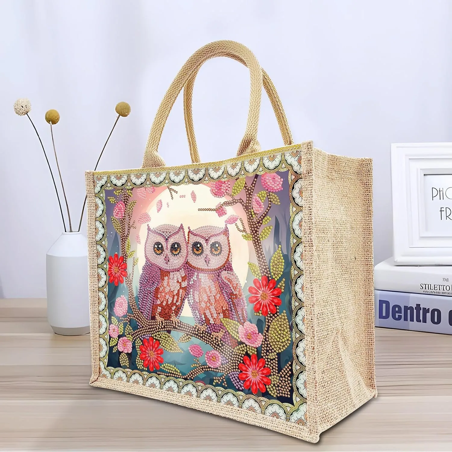 BAYUNOE Mandala Handbag Handmade Diamond Art Painting Purses with 2Pcs Replaceable Canvas Pattern DIY Shoulder Makeup Bag for Women Art Craft Gift-Owl Couple