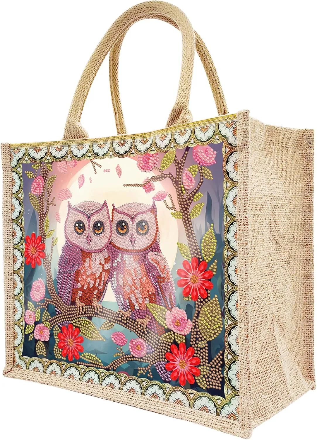 BAYUNOE Mandala Handbag Handmade Diamond Art Painting Purses with 2Pcs Replaceable Canvas Pattern DIY Shoulder Makeup Bag for Women Art Craft Gift-Owl Couple