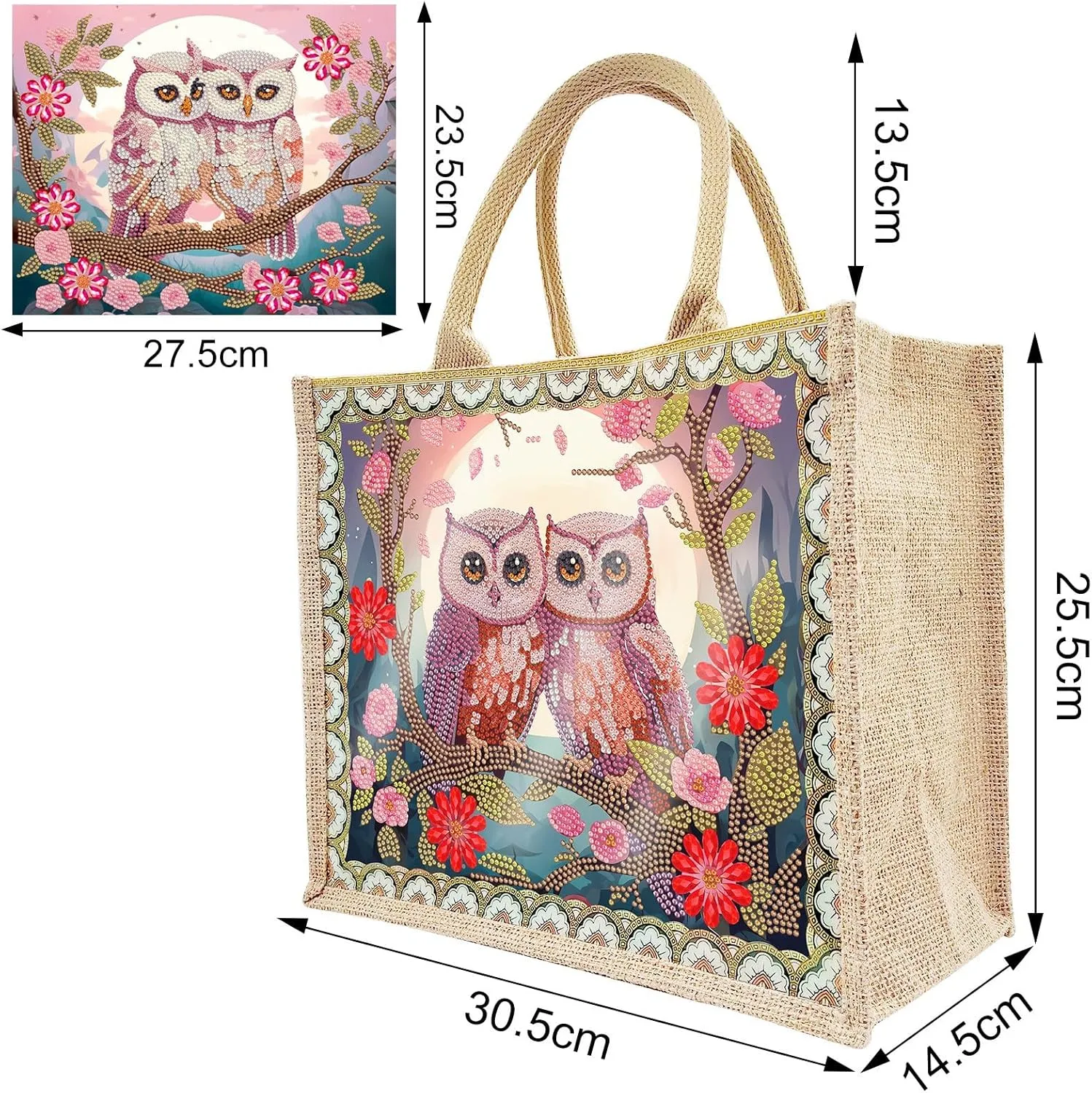 BAYUNOE Mandala Handbag Handmade Diamond Art Painting Purses with 2Pcs Replaceable Canvas Pattern DIY Shoulder Makeup Bag for Women Art Craft Gift-Owl Couple