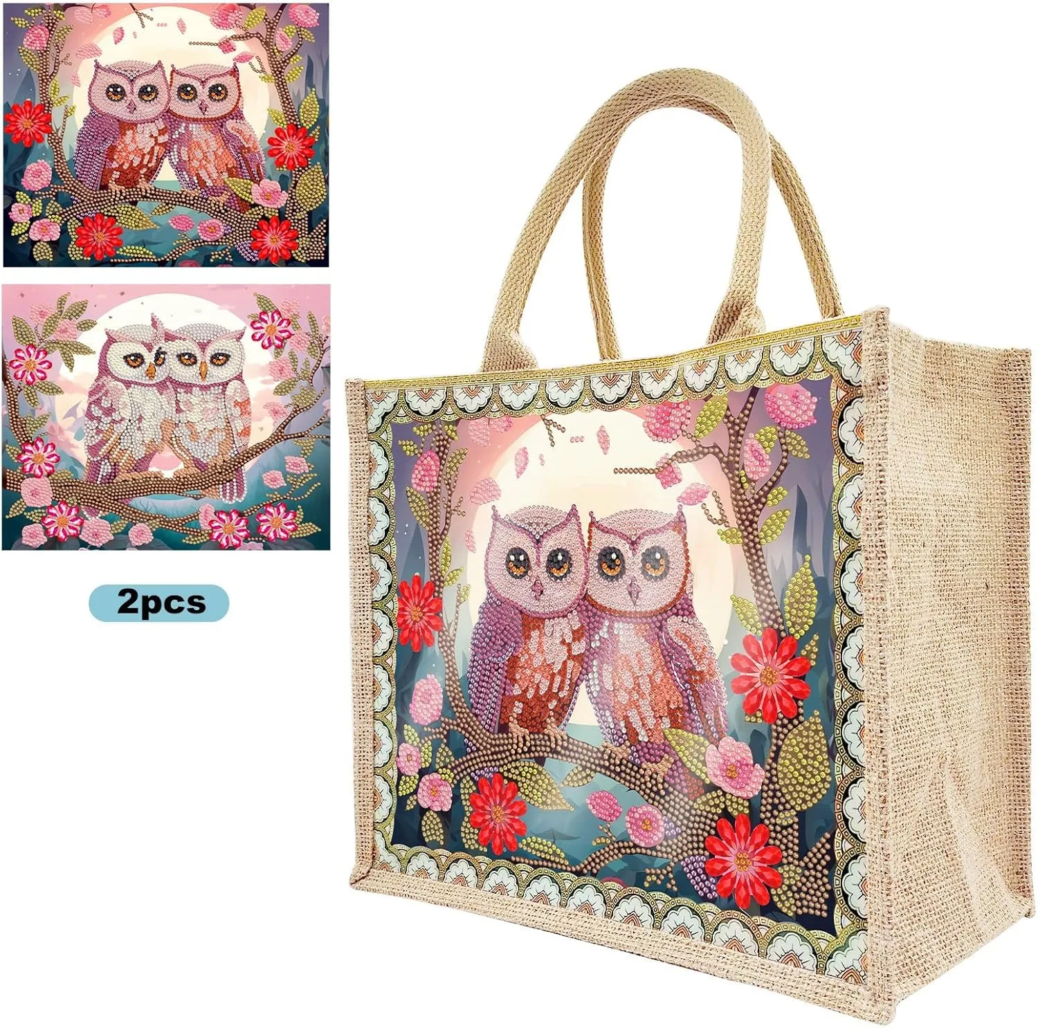BAYUNOE Mandala Handbag Handmade Diamond Art Painting Purses with 2Pcs Replaceable Canvas Pattern DIY Shoulder Makeup Bag for Women Art Craft Gift-Owl Couple