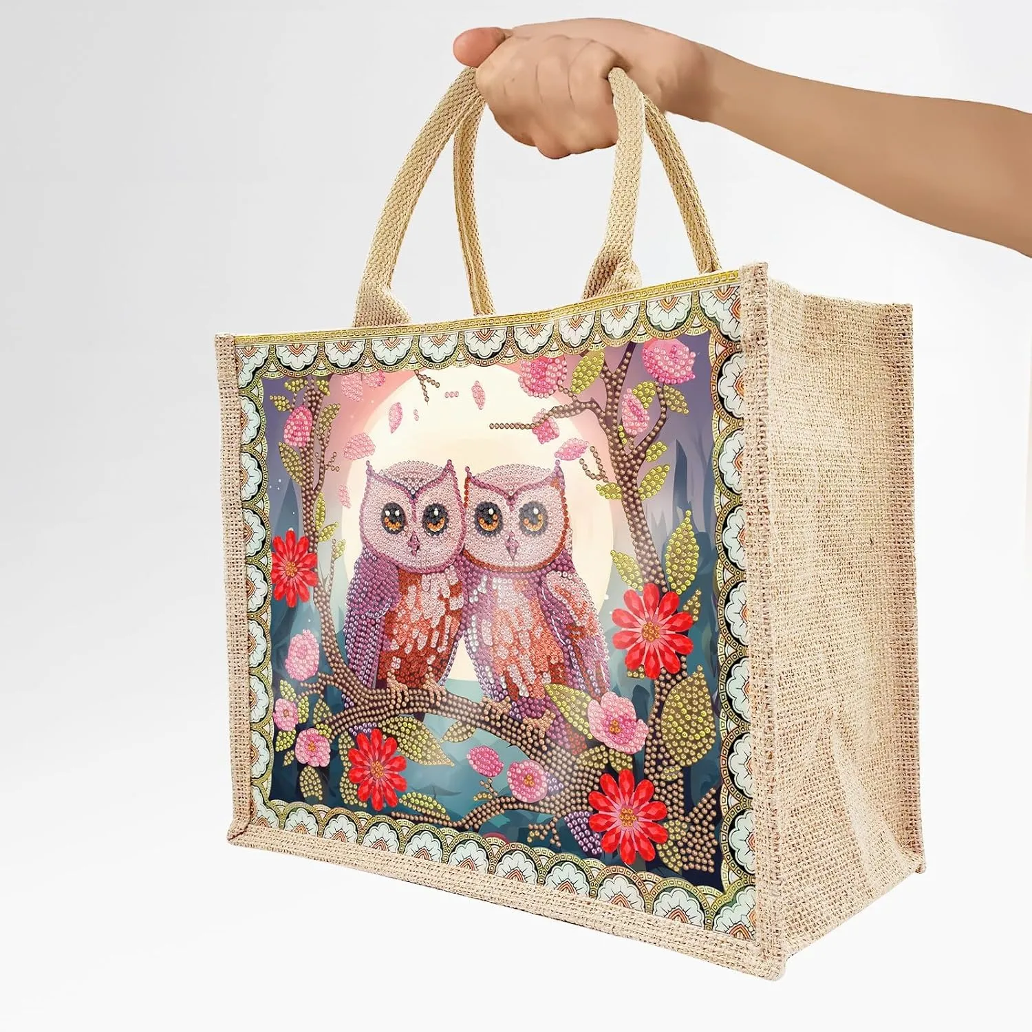 BAYUNOE Mandala Handbag Handmade Diamond Art Painting Purses with 2Pcs Replaceable Canvas Pattern DIY Shoulder Makeup Bag for Women Art Craft Gift-Owl Couple