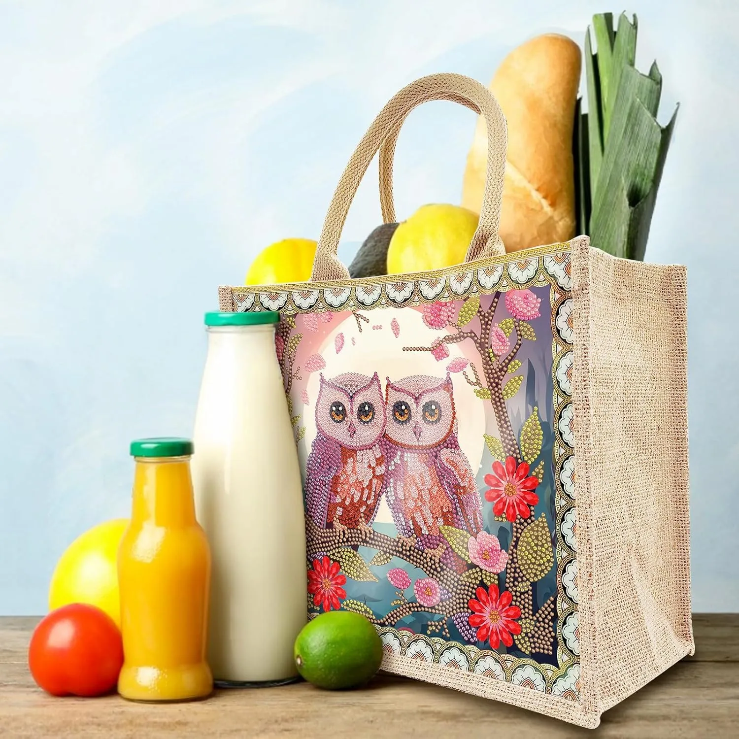 BAYUNOE Mandala Handbag Handmade Diamond Art Painting Purses with 2Pcs Replaceable Canvas Pattern DIY Shoulder Makeup Bag for Women Art Craft Gift-Owl Couple