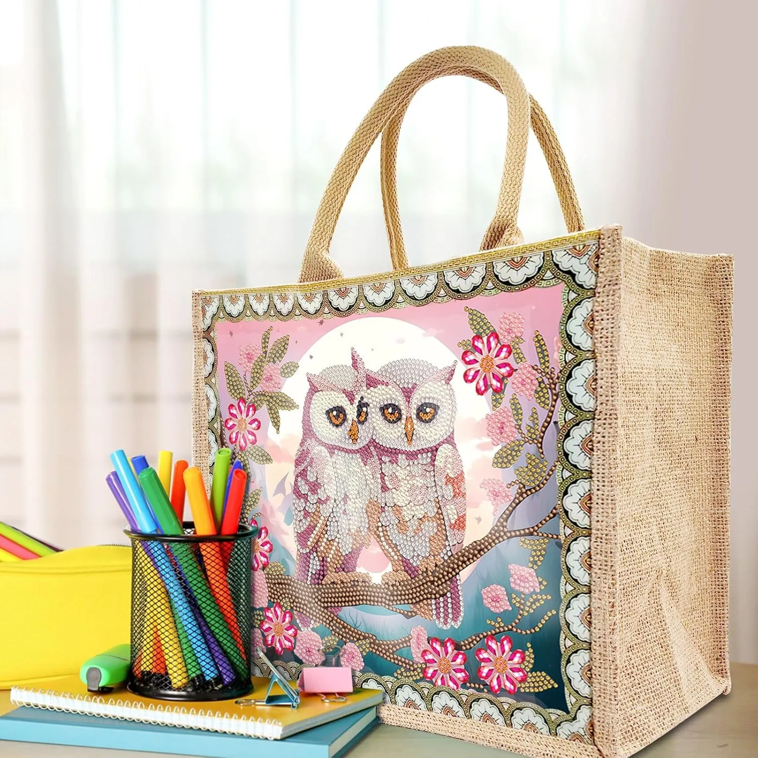 BAYUNOE Mandala Handbag Handmade Diamond Art Painting Purses with 2Pcs Replaceable Canvas Pattern DIY Shoulder Makeup Bag for Women Art Craft Gift-Owl Couple