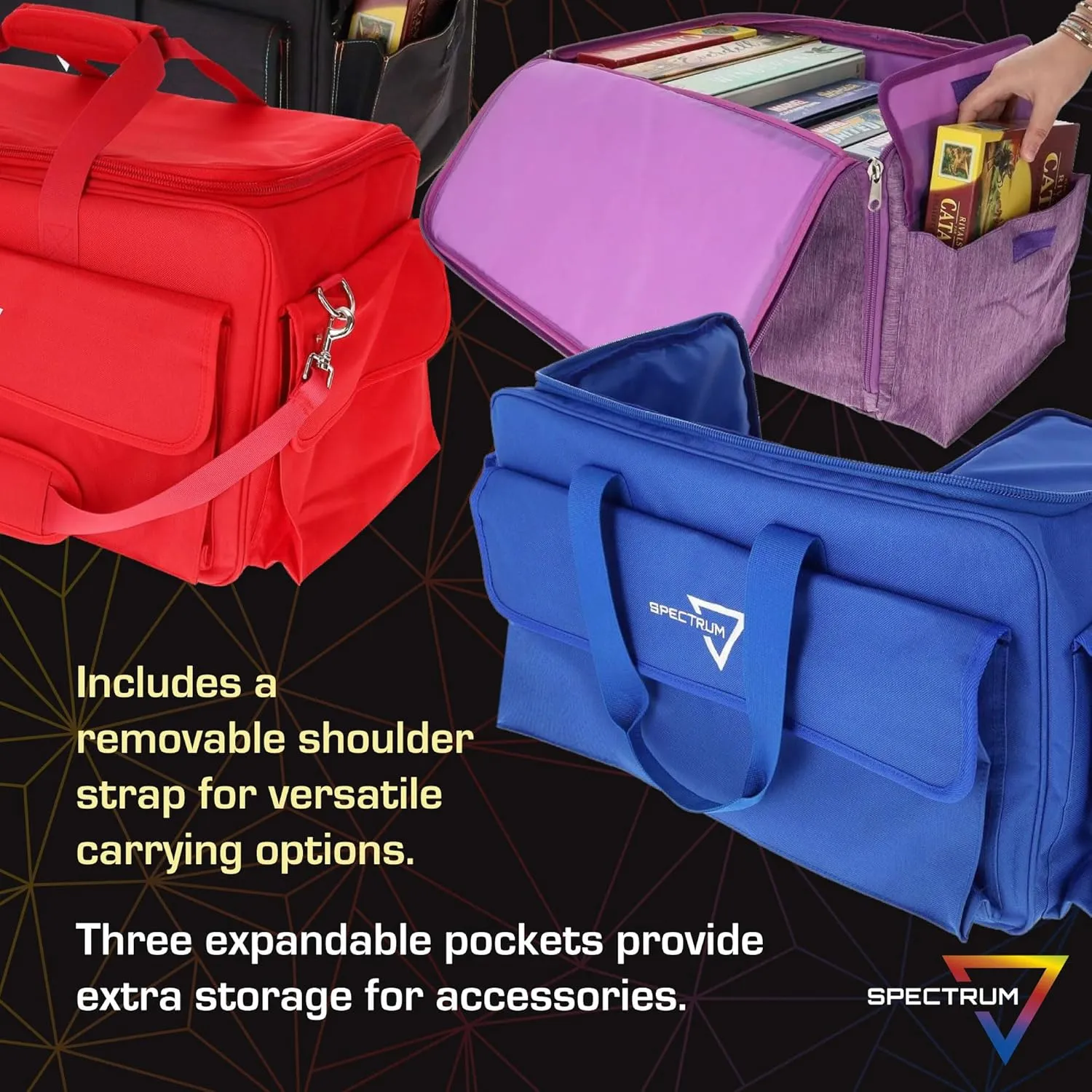 BCW Spectrum Board Game Bag | Durable Duffle for 6-8 Board Games | Expandable Pockets & Storage | Comfortable Removable Shoulder Strap | Easy Top & Side Access