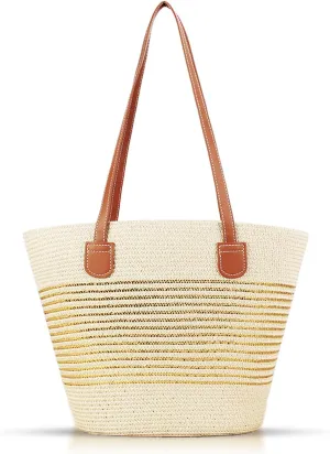 Beach Bag for Women, Gold Stripe Straw Bag, Large Capacity Patchwork Soft Leather Shoulder Strap, Tote Bag Suitable for Travel Vacation Work Daily Matching(Beige)