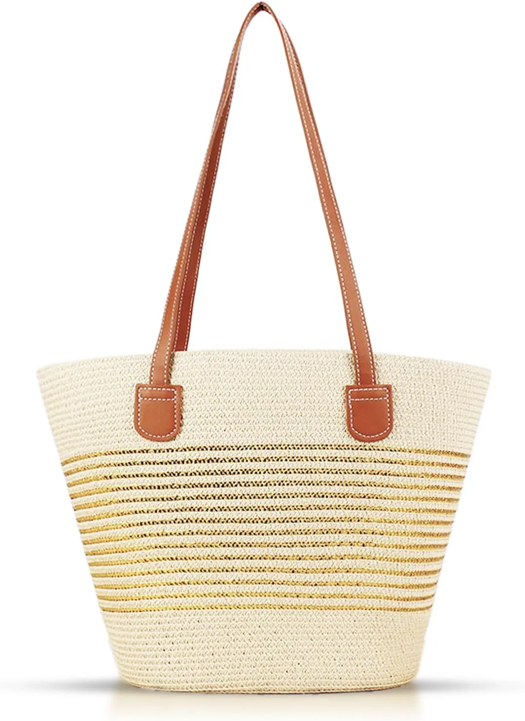 Beach Bag for Women, Gold Stripe Straw Bag, Large Capacity Patchwork Soft Leather Shoulder Strap, Tote Bag Suitable for Travel Vacation Work Daily Matching(Beige)