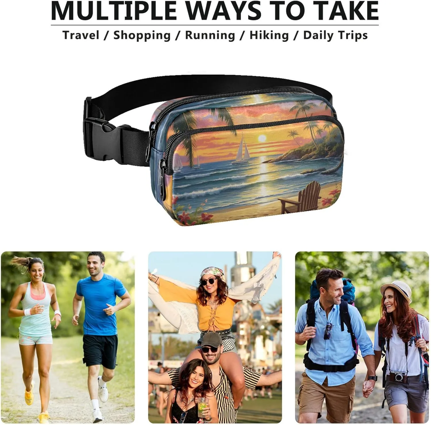 Beach Scene Tropical Fanny Packs for Women Hip Pack Belt Bag Waterproof Funny Travel Waist Bag