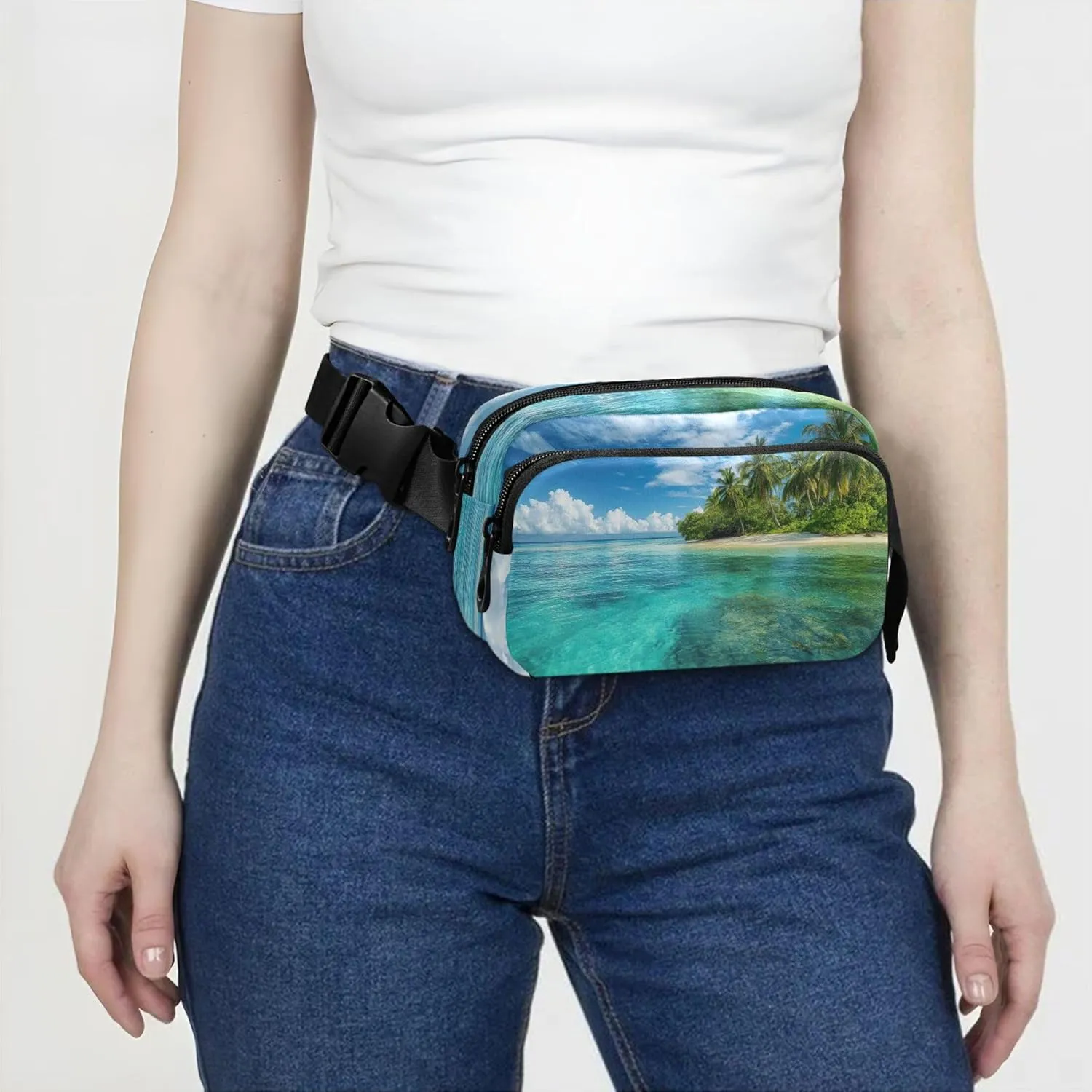 Beautiful Tropical Island Turquoise Womens Fanny Pack Waterproof Belt Bag Hip Pouch Cute Crossbody Waist Bag