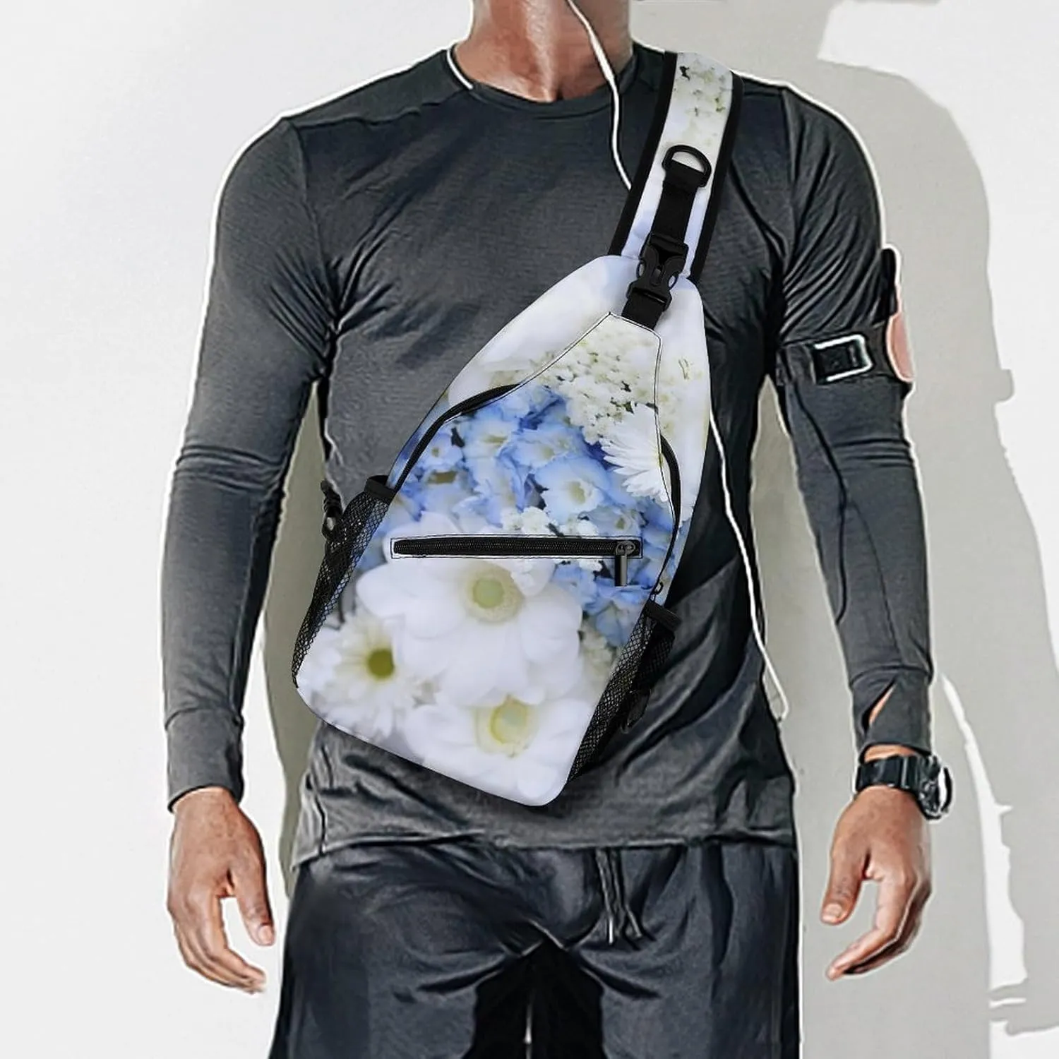 Beautiful White Blue Flowers Sling Bag Lightweight Crossbody Chest Pack Travel Shoulder Bag with Adjustable Strap