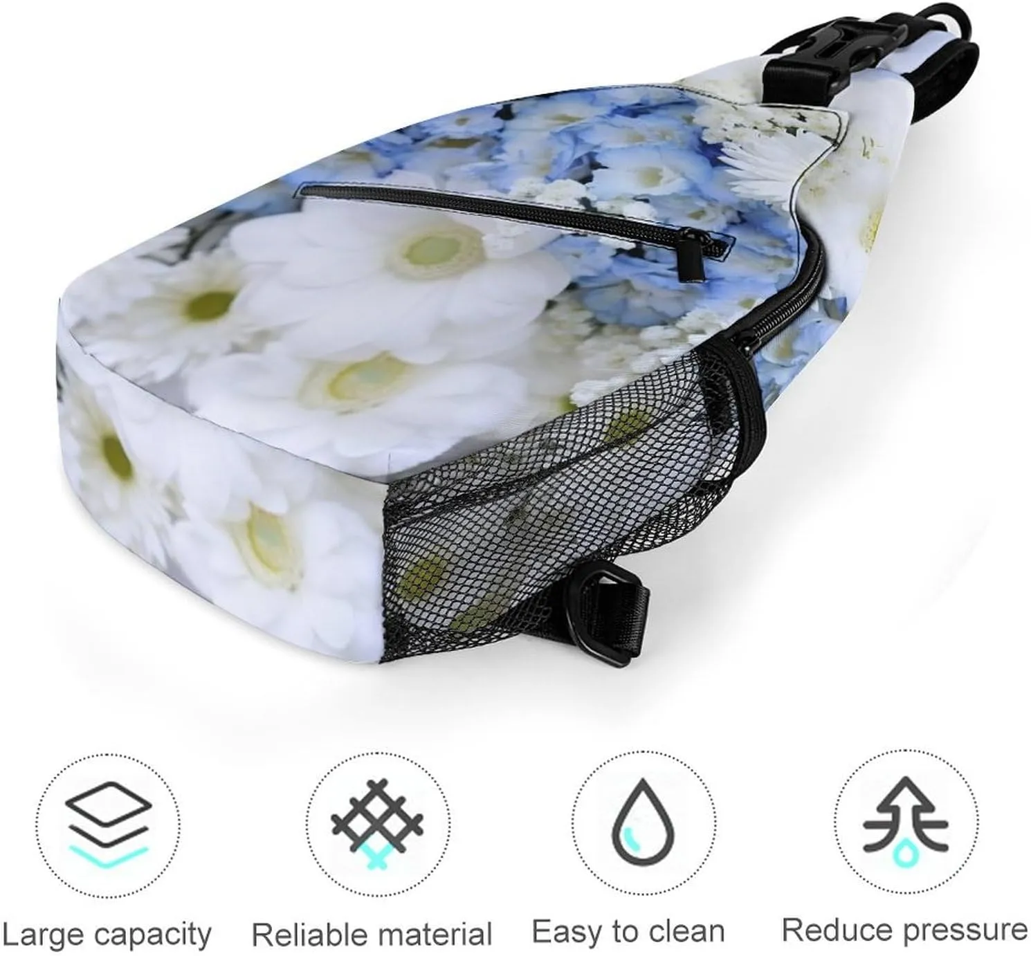 Beautiful White Blue Flowers Sling Bag Lightweight Crossbody Chest Pack Travel Shoulder Bag with Adjustable Strap