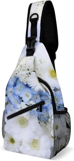 Beautiful White Blue Flowers Sling Bag Lightweight Crossbody Chest Pack Travel Shoulder Bag with Adjustable Strap
