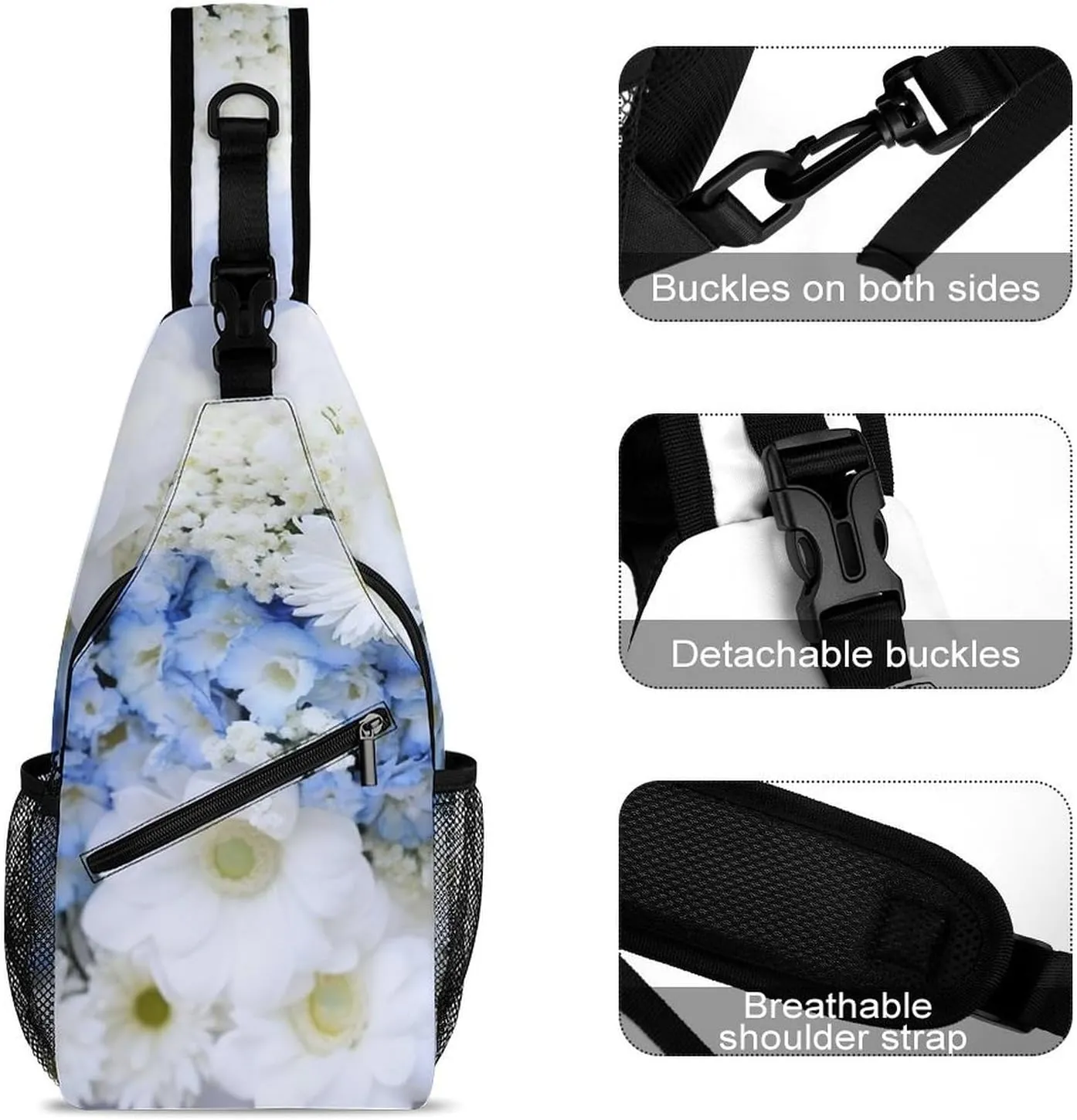 Beautiful White Blue Flowers Sling Bag Lightweight Crossbody Chest Pack Travel Shoulder Bag with Adjustable Strap
