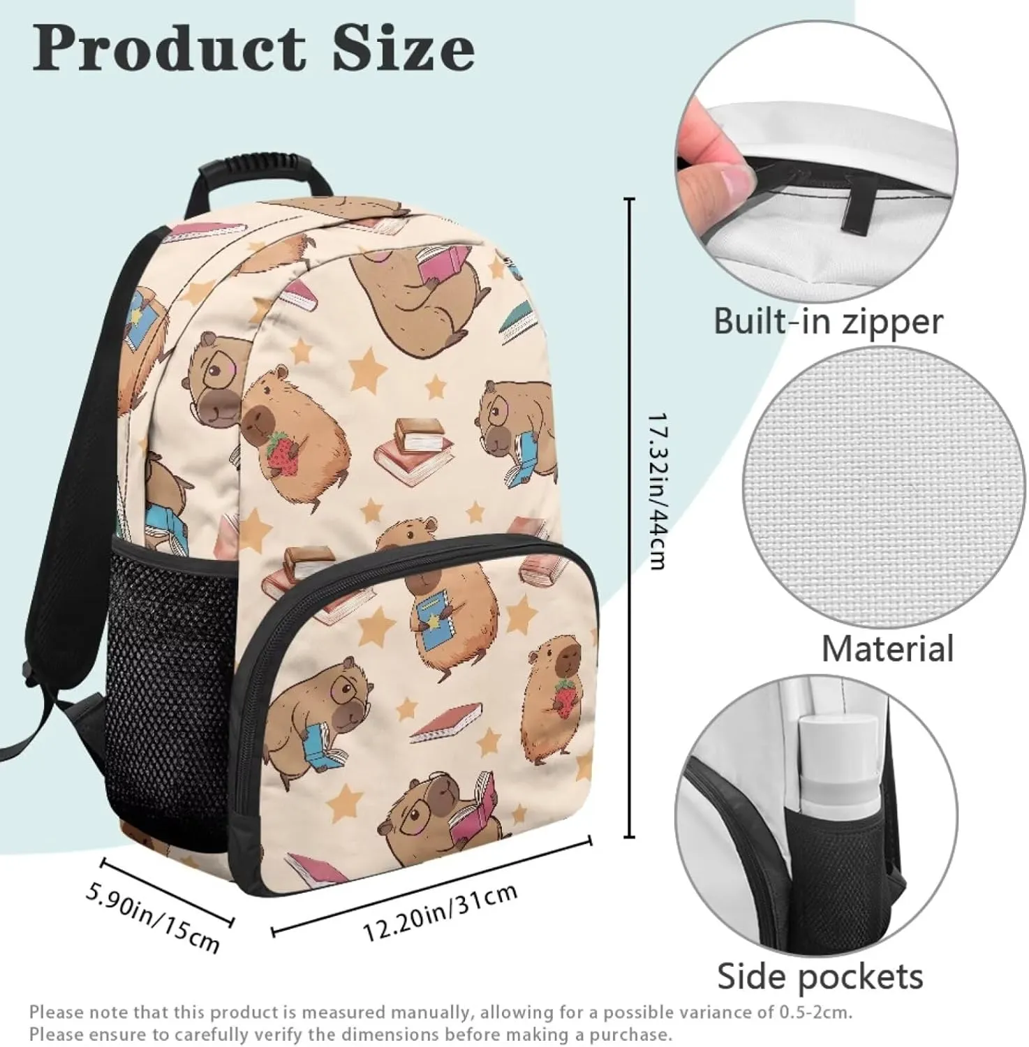 Beauty Collector Capybara Book Strawberry Star Kids Backpacks for School Travel Backpack with Laptop Compartment