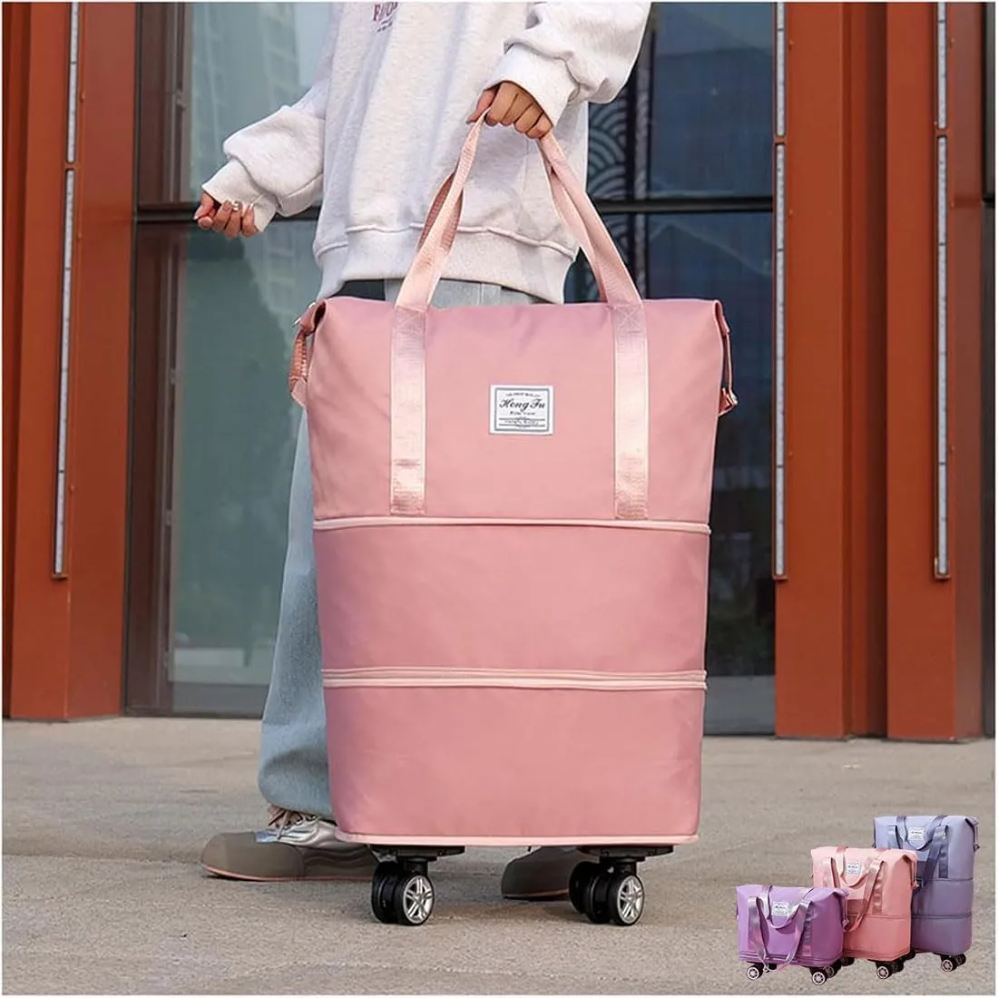Beente Travel Bag With Wheels, Expandable Duffel 2025 New Large Capacity Travel Bag - Universal Wheel Removable (Pink,With wheels)