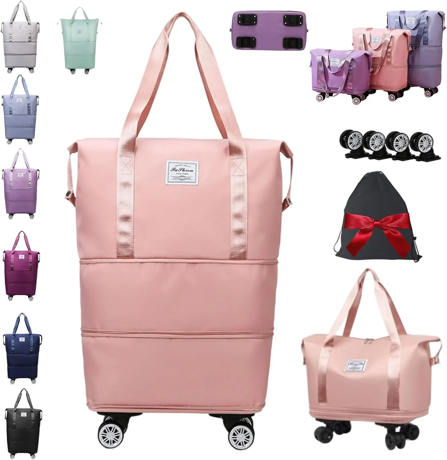 Beente Travel Bag With Wheels, Expandable Duffel 2025 New Large Capacity Travel Bag - Universal Wheel Removable (Pink,With wheels)