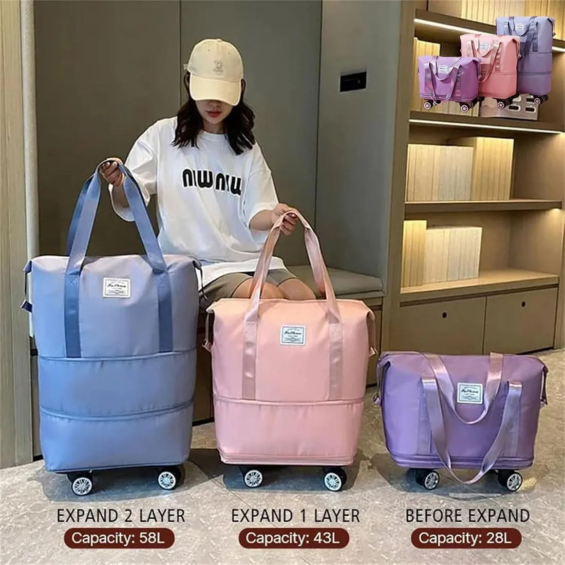 Beente Travel Bag With Wheels, Expandable Duffel 2025 New Large Capacity Travel Bag - Universal Wheel Removable (Pink,With wheels)