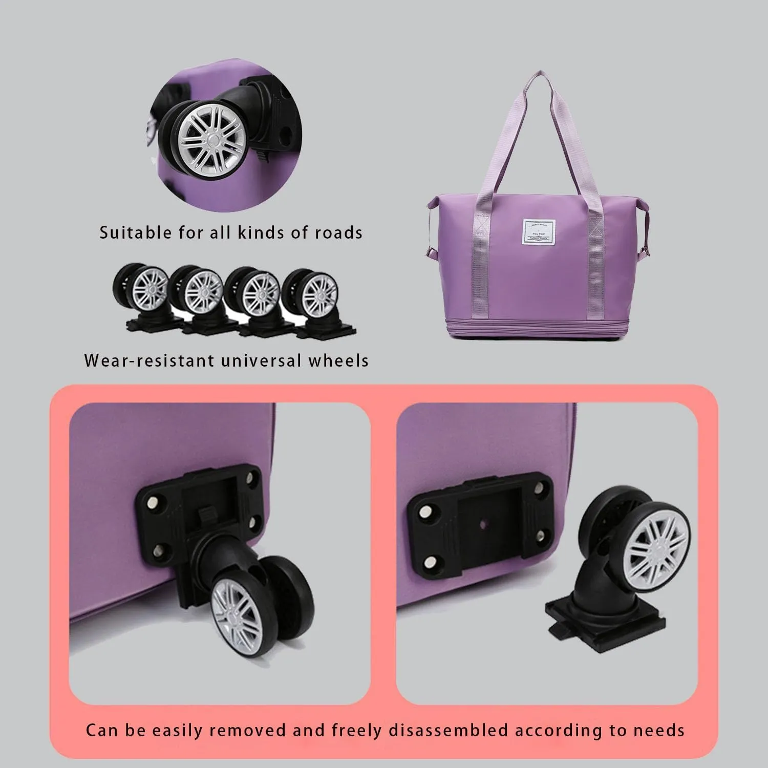 Beente Travel Bag With Wheels - Large Capacity Travel Bag - Universal Wheel Removable, Expandable Foldable, Weekend Bag For Travel For Camping, Business Travel (1, gray, 22.4inx8.6inx26in)