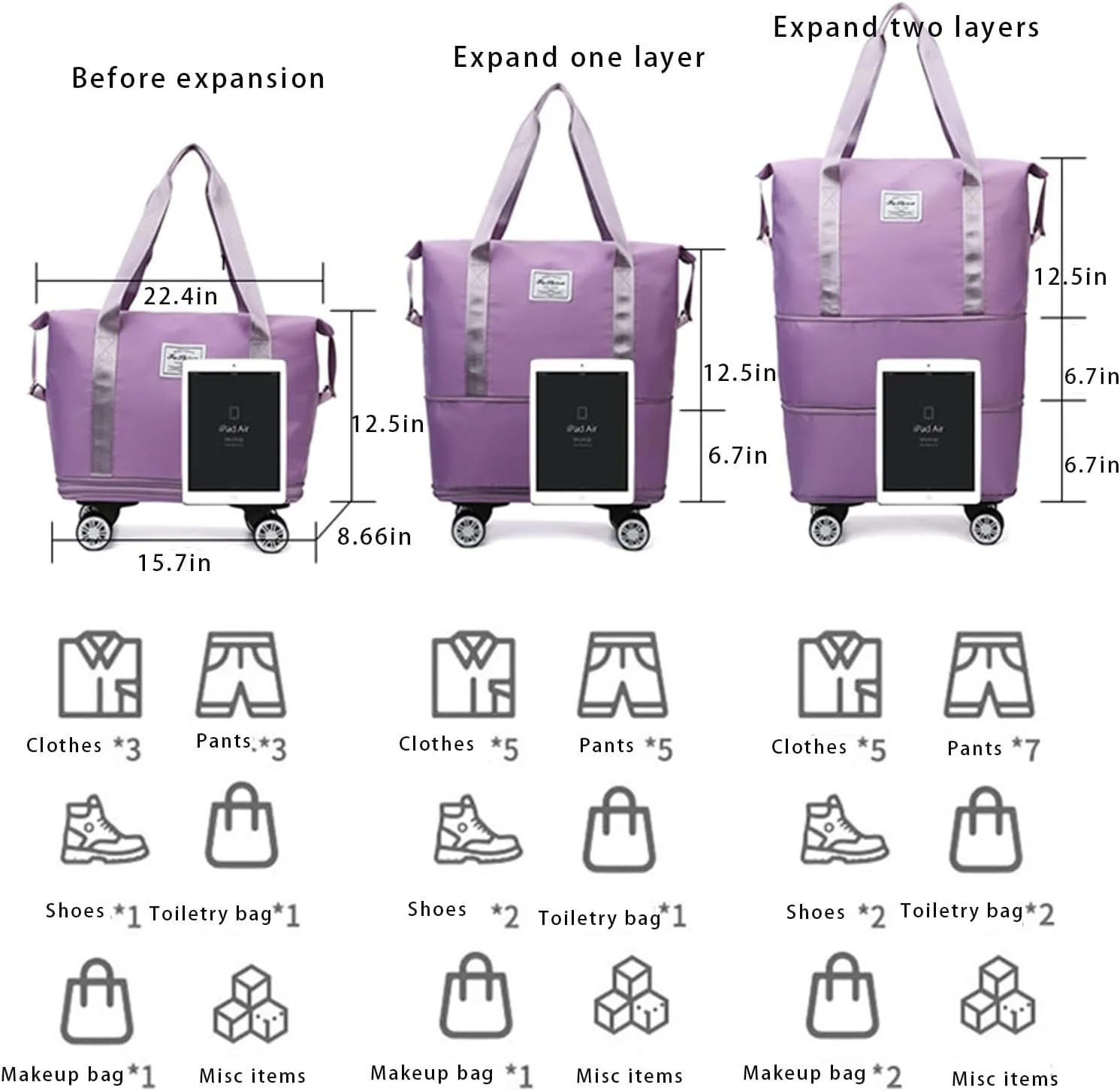 Beente Travel Bag With Wheels - Large Capacity Travel Bag - Universal Wheel Removable, Expandable Foldable, Weekend Bag For Travel For Camping, Business Travel (1, pink, 22.4inx8.6inx26in)